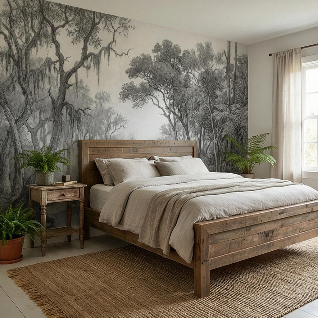Misty Bayou Peel and Stick Wall Mural, Detailed Monochrome Pencil Sketch Landscape, Southern Swamp Forest River, Moody Gray Scenic Wallpaper