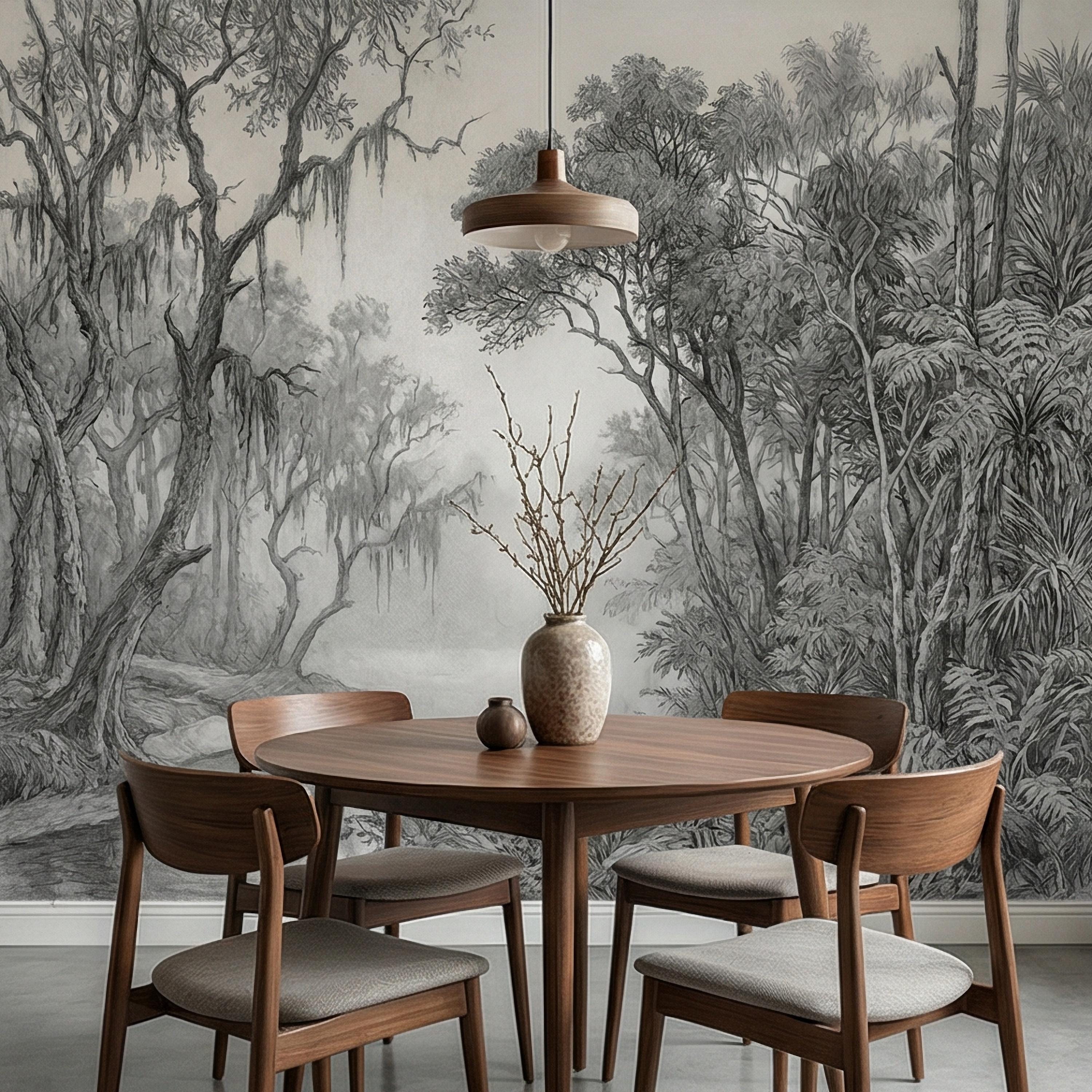 Misty Bayou Peel and Stick Wall Mural, Detailed Monochrome Pencil Sketch Landscape, Southern Swamp Forest River, Moody Gray Scenic Wallpaper