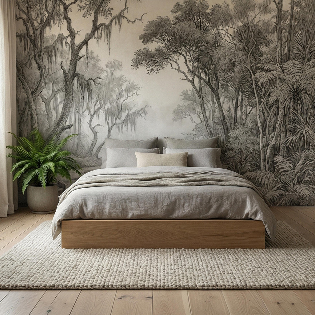 Misty Bayou Peel and Stick Wall Mural, Detailed Monochrome Pencil Sketch Landscape, Southern Swamp Forest River, Moody Gray Scenic Wallpaper