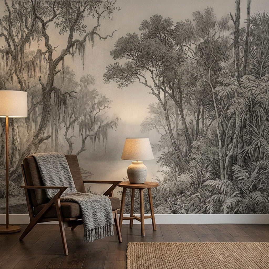 Misty Bayou Peel and Stick Wall Mural, Detailed Monochrome Pencil Sketch Landscape, Southern Swamp Forest River, Moody Gray Scenic Wallpaper