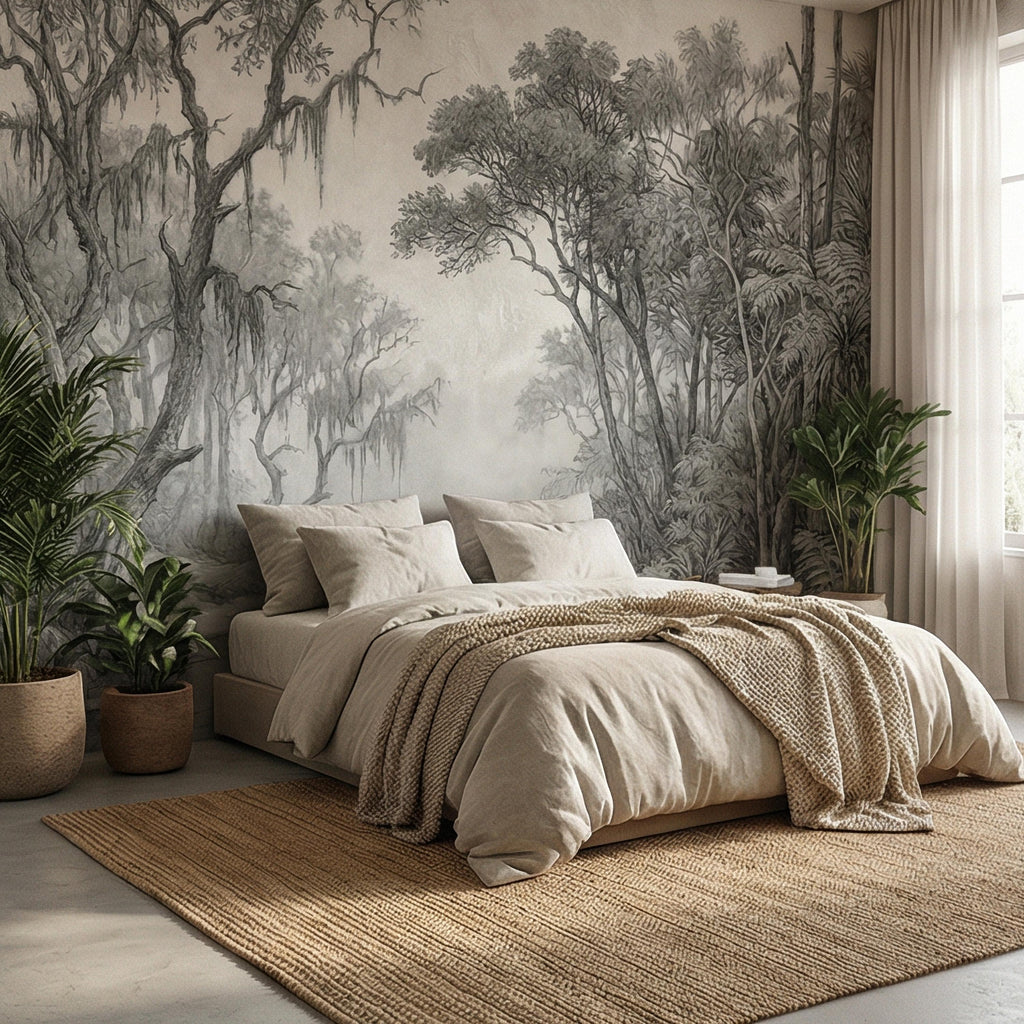 Misty Bayou Peel and Stick Wall Mural, Detailed Monochrome Pencil Sketch Landscape, Southern Swamp Forest River, Moody Gray Scenic Wallpaper