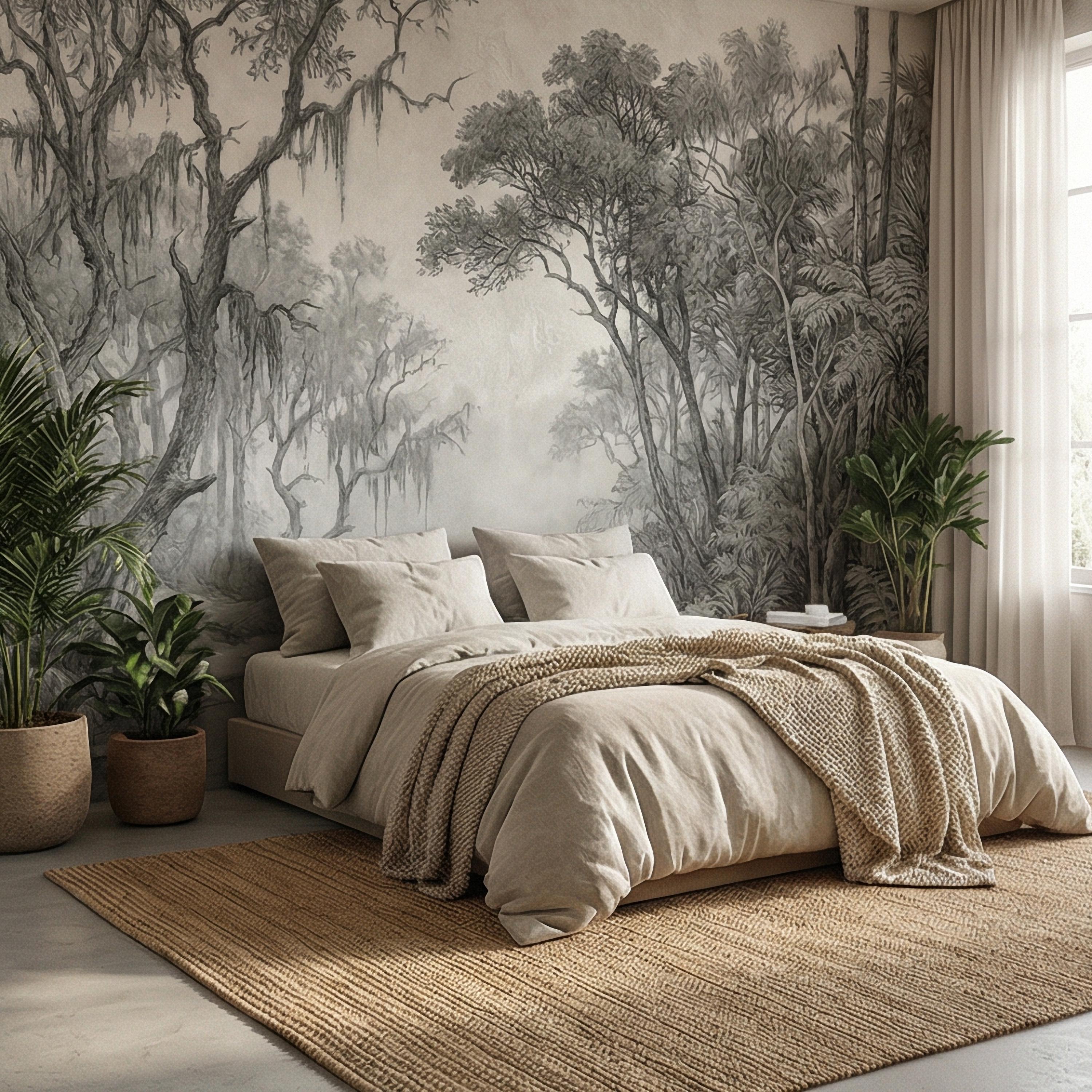 Misty Bayou Peel and Stick Wall Mural, Detailed Monochrome Pencil Sketch Landscape, Southern Swamp Forest River, Moody Gray Scenic Wallpaper