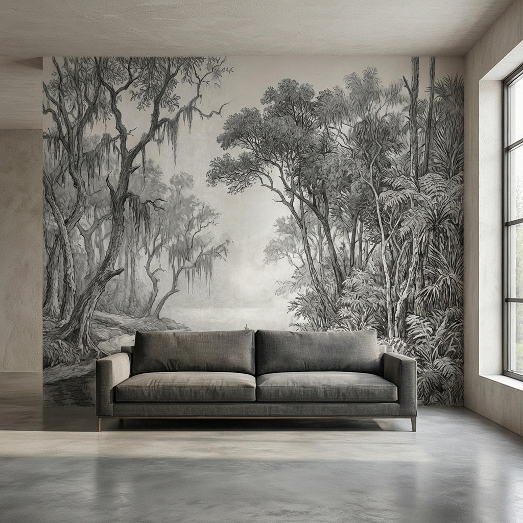 Misty Bayou Peel and Stick Wall Mural, Detailed Monochrome Pencil Sketch Landscape, Southern Swamp Forest River, Moody Gray Scenic Wallpaper