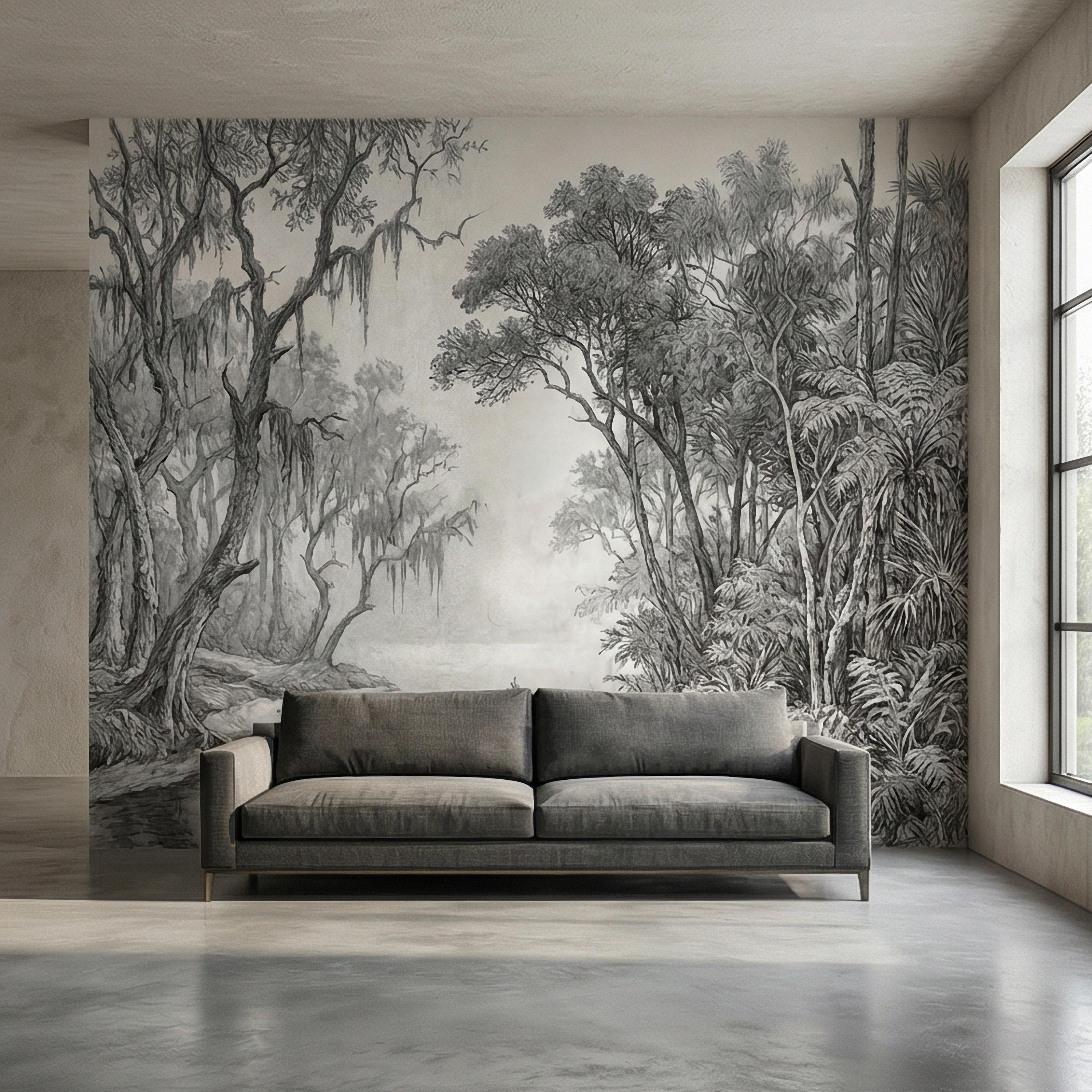 Misty Bayou Peel and Stick Wall Mural, Detailed Monochrome Pencil Sketch Landscape, Southern Swamp Forest River, Moody Gray Scenic Wallpaper