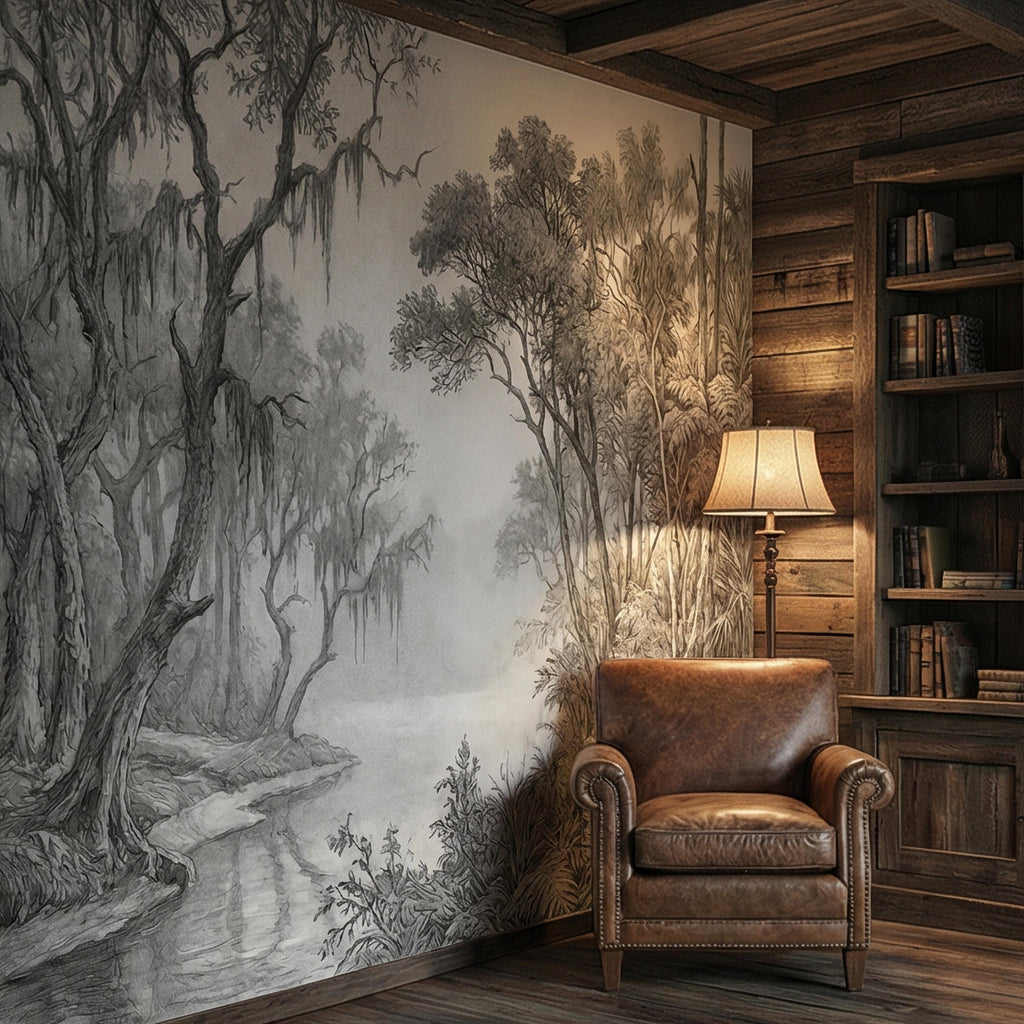 Misty Bayou Peel and Stick Wall Mural, Detailed Monochrome Pencil Sketch Landscape, Southern Swamp Forest River, Moody Gray Scenic Wallpaper