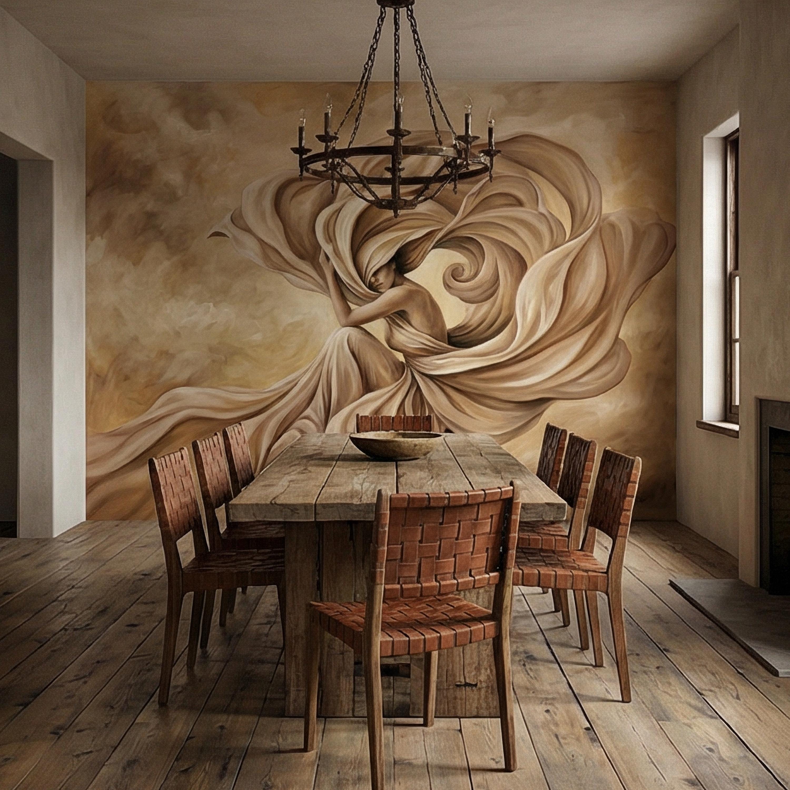 Abstract Woman Peel and Stick Wall Mural, Flowing Fabric Figure, Neutral Beige Surreal Portrait, Elegant Painterly Statement Wallpaper