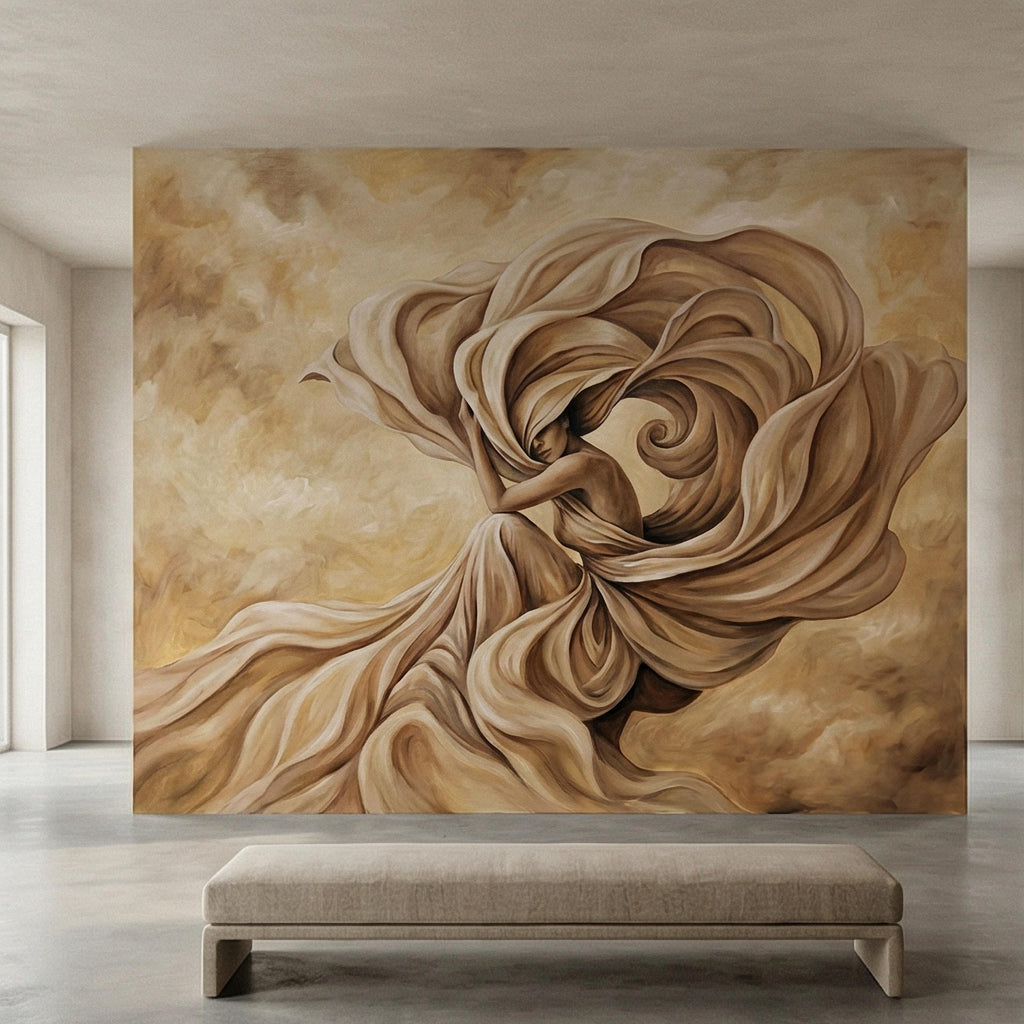 Abstract Woman Peel and Stick Wall Mural, Flowing Fabric Figure, Neutral Beige Surreal Portrait, Elegant Painterly Statement Wallpaper