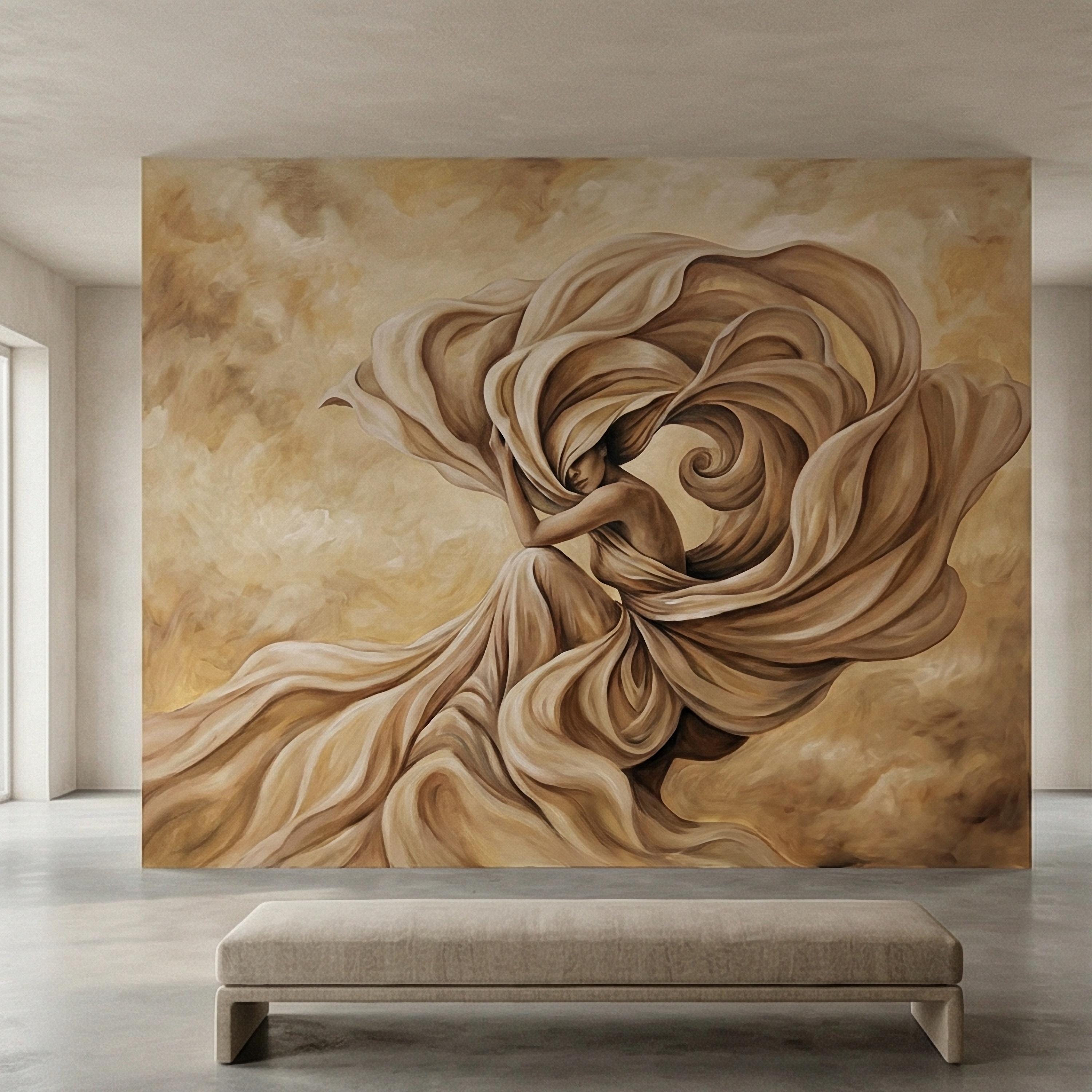 Abstract Woman Peel and Stick Wall Mural, Flowing Fabric Figure, Neutral Beige Surreal Portrait, Elegant Painterly Statement Wallpaper