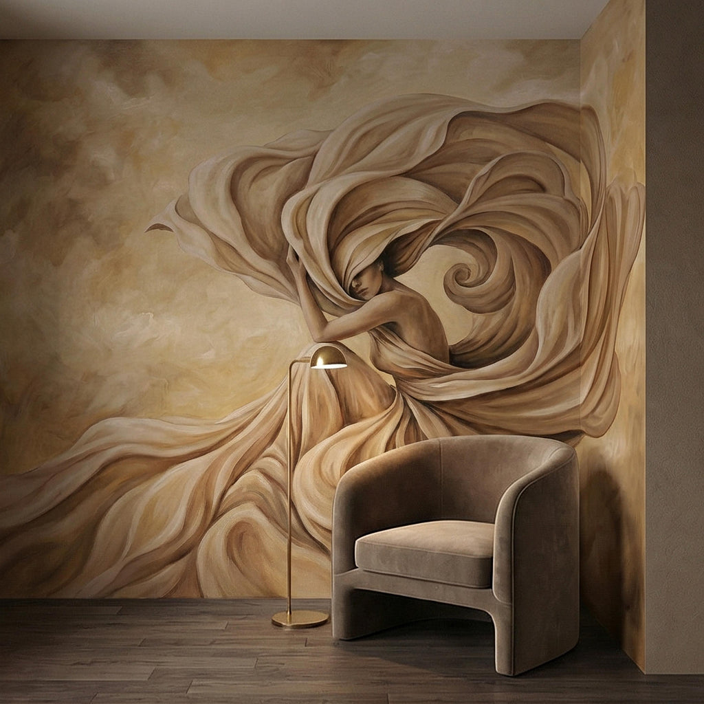 Abstract Woman Peel and Stick Wall Mural, Flowing Fabric Figure, Neutral Beige Surreal Portrait, Elegant Painterly Statement Wallpaper