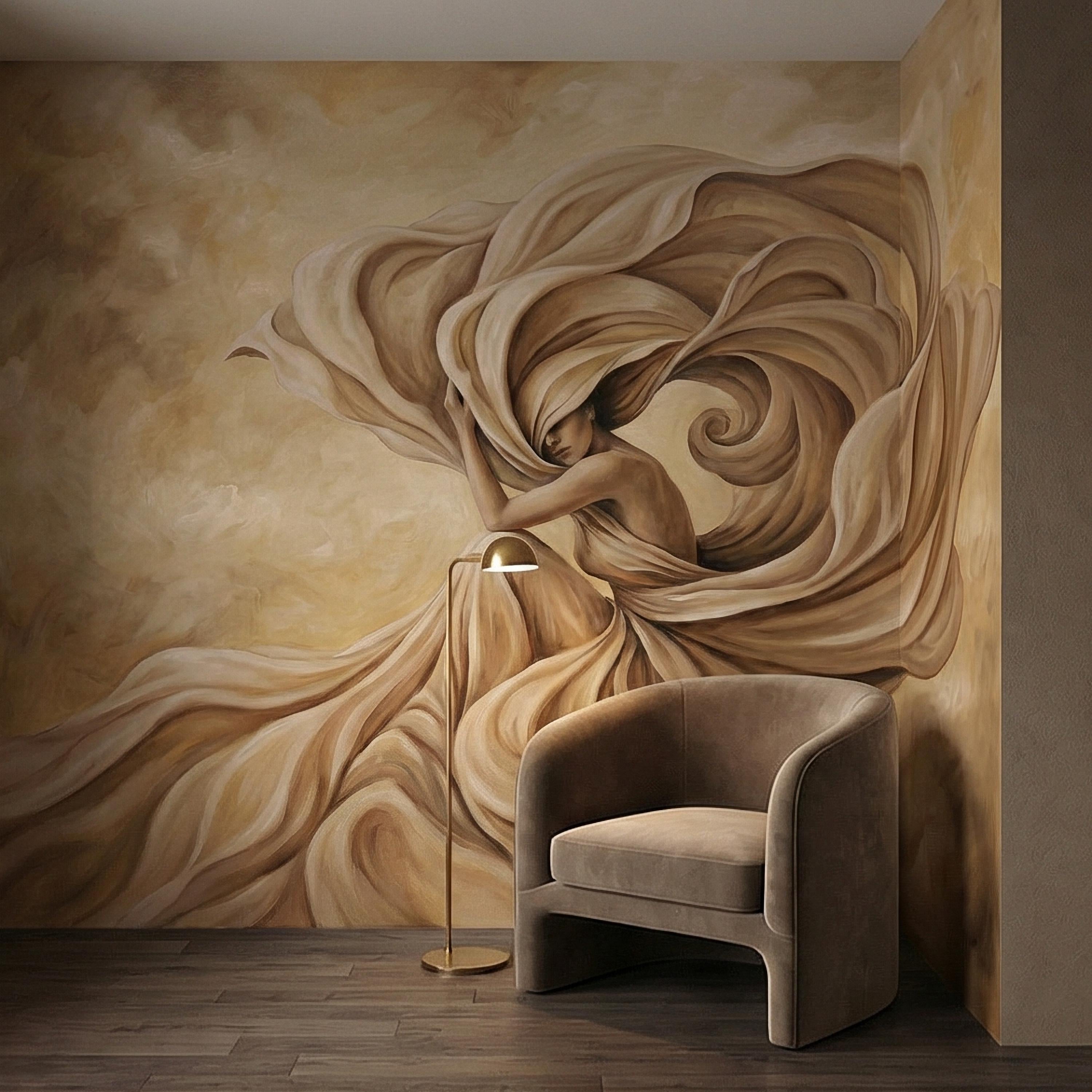 Abstract Woman Peel and Stick Wall Mural, Flowing Fabric Figure, Neutral Beige Surreal Portrait, Elegant Painterly Statement Wallpaper