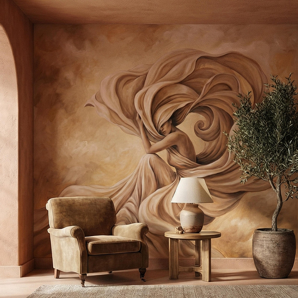 Abstract Woman Peel and Stick Wall Mural, Flowing Fabric Figure, Neutral Beige Surreal Portrait, Elegant Painterly Statement Wallpaper