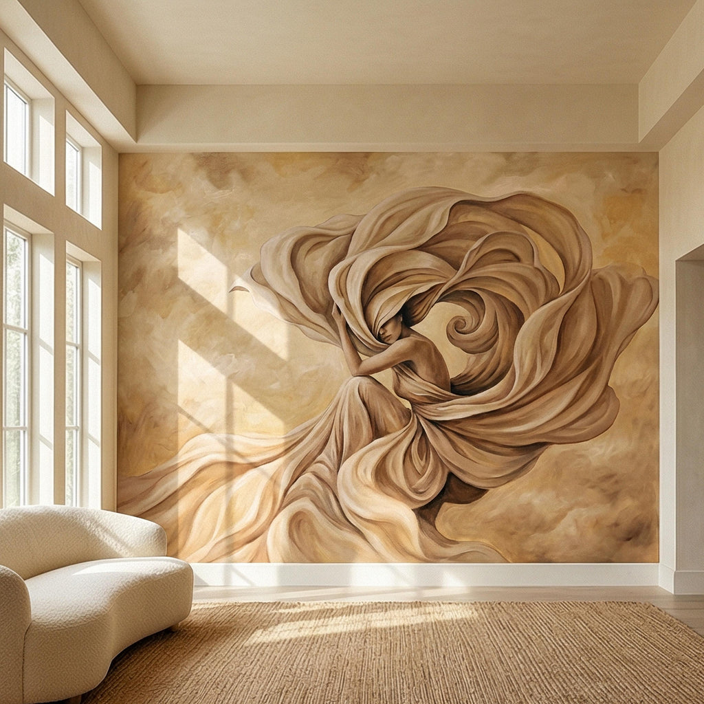 Abstract Woman Peel and Stick Wall Mural, Flowing Fabric Figure, Neutral Beige Surreal Portrait, Elegant Painterly Statement Wallpaper
