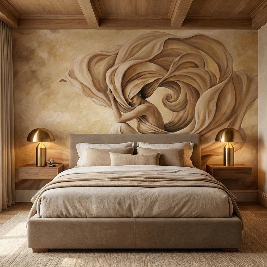 Abstract Woman Peel and Stick Wall Mural, Flowing Fabric Figure, Neutral Beige Surreal Portrait, Elegant Painterly Statement Wallpaper