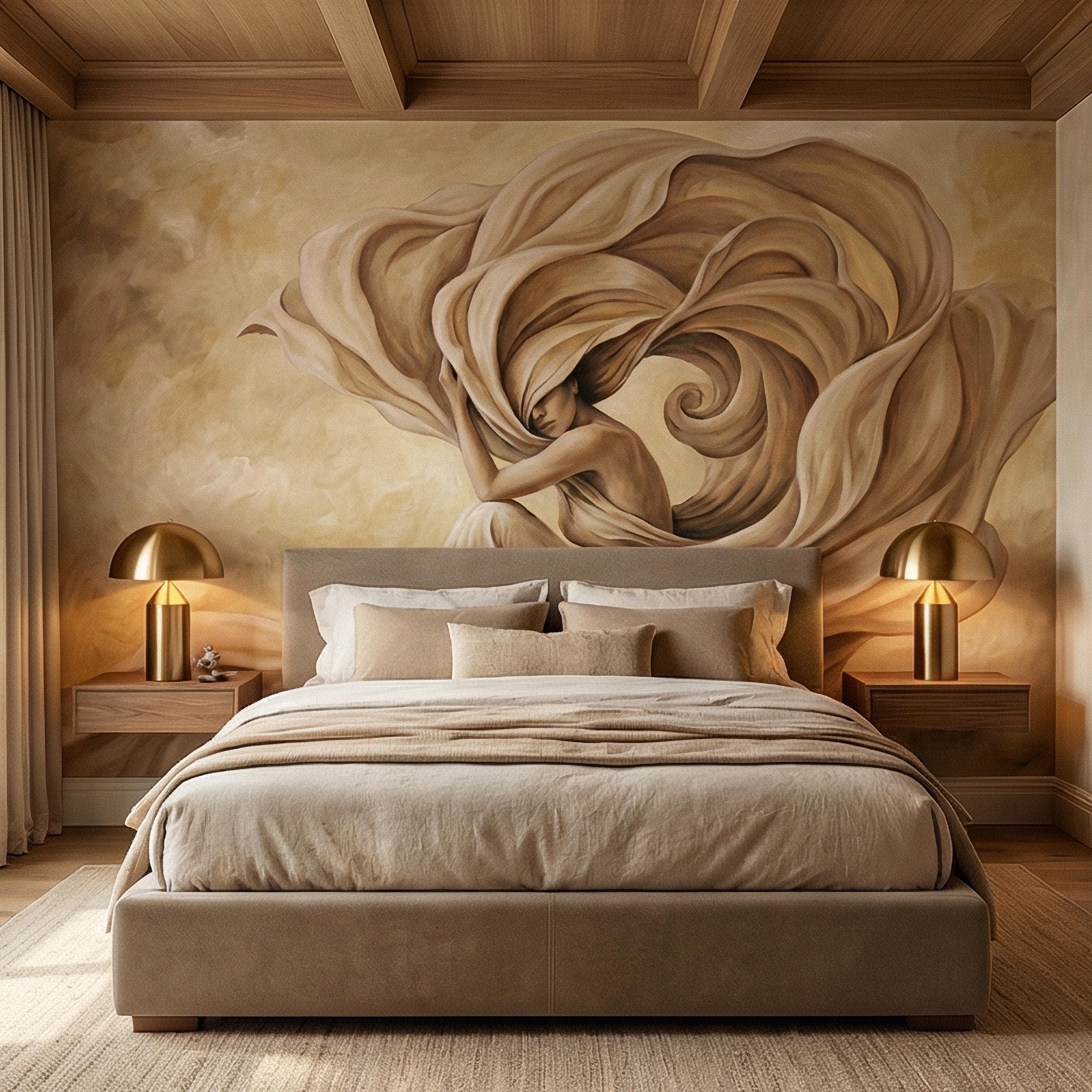 Abstract Woman Peel and Stick Wall Mural, Flowing Fabric Figure, Neutral Beige Surreal Portrait, Elegant Painterly Statement Wallpaper