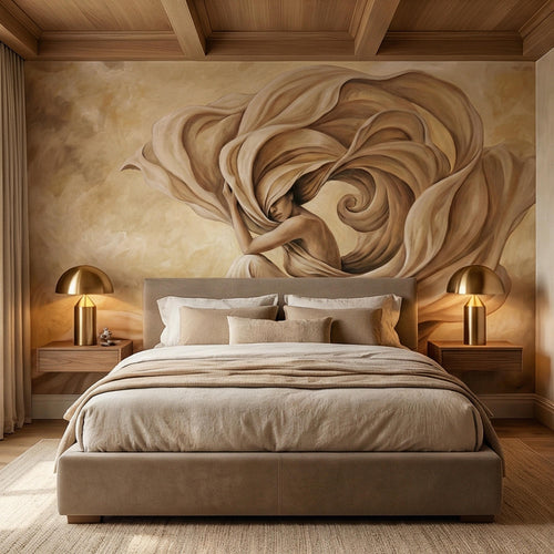 Abstract Woman Peel and Stick Wall Mural, Flowing Fabric Figure, Neutral Beige Surreal Portrait, Elegant Painterly Statement Wallpaper - The Fine Art Murals