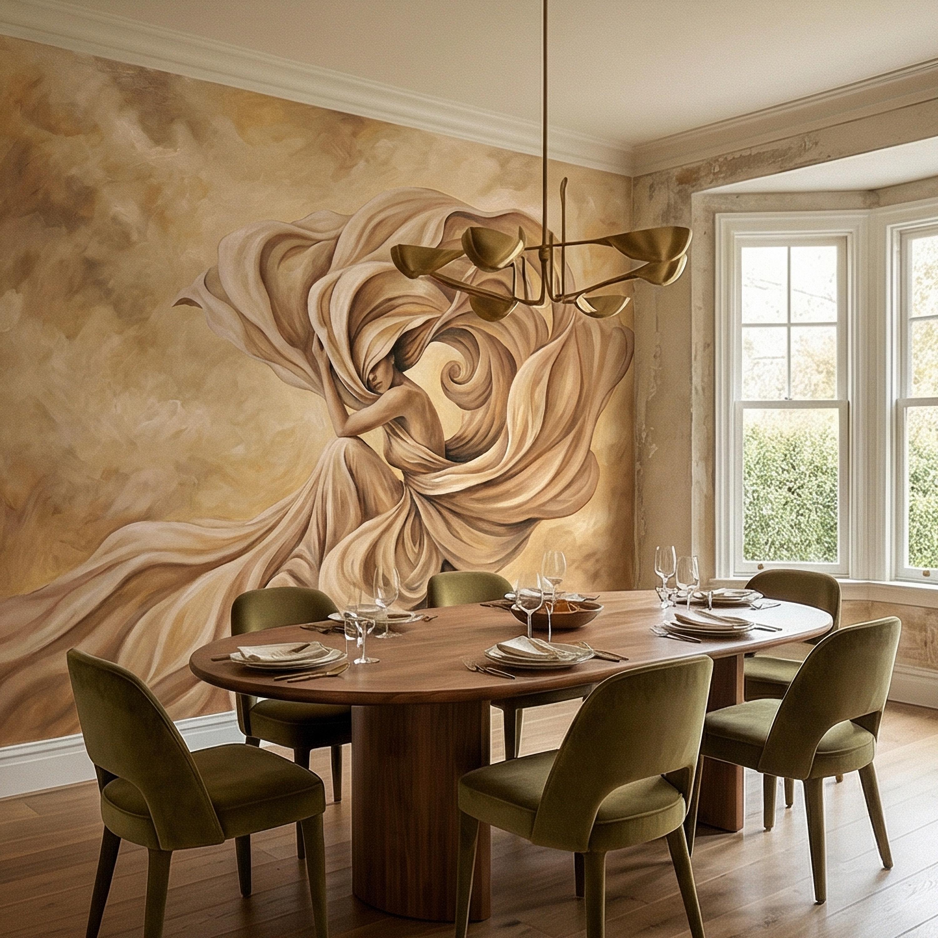 Abstract Woman Peel and Stick Wall Mural, Flowing Fabric Figure, Neutral Beige Surreal Portrait, Elegant Painterly Statement Wallpaper