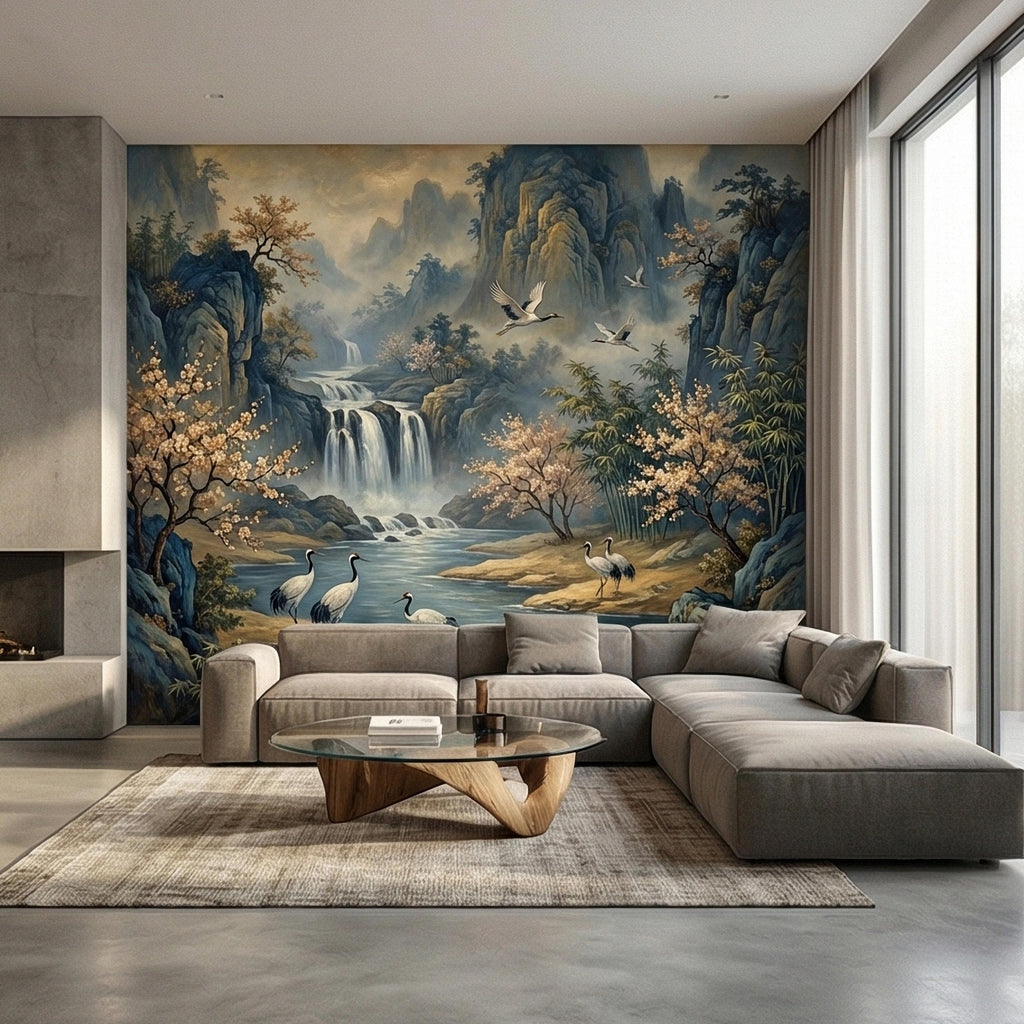 Asian Waterfall Landscape Peel and Stick Wall Mural, Cherry Blossom Cranes Bamboo Mountains, Serene Mist River Chinoiserie Scenic Wallpaper