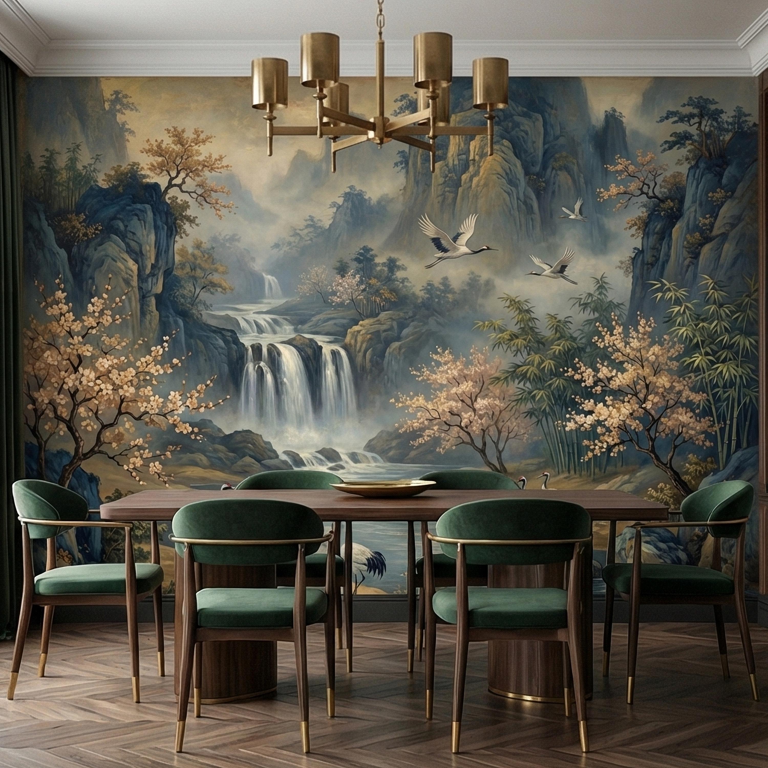 Asian Waterfall Landscape Peel and Stick Wall Mural, Cherry Blossom Cranes Bamboo Mountains, Serene Mist River Chinoiserie Scenic Wallpaper