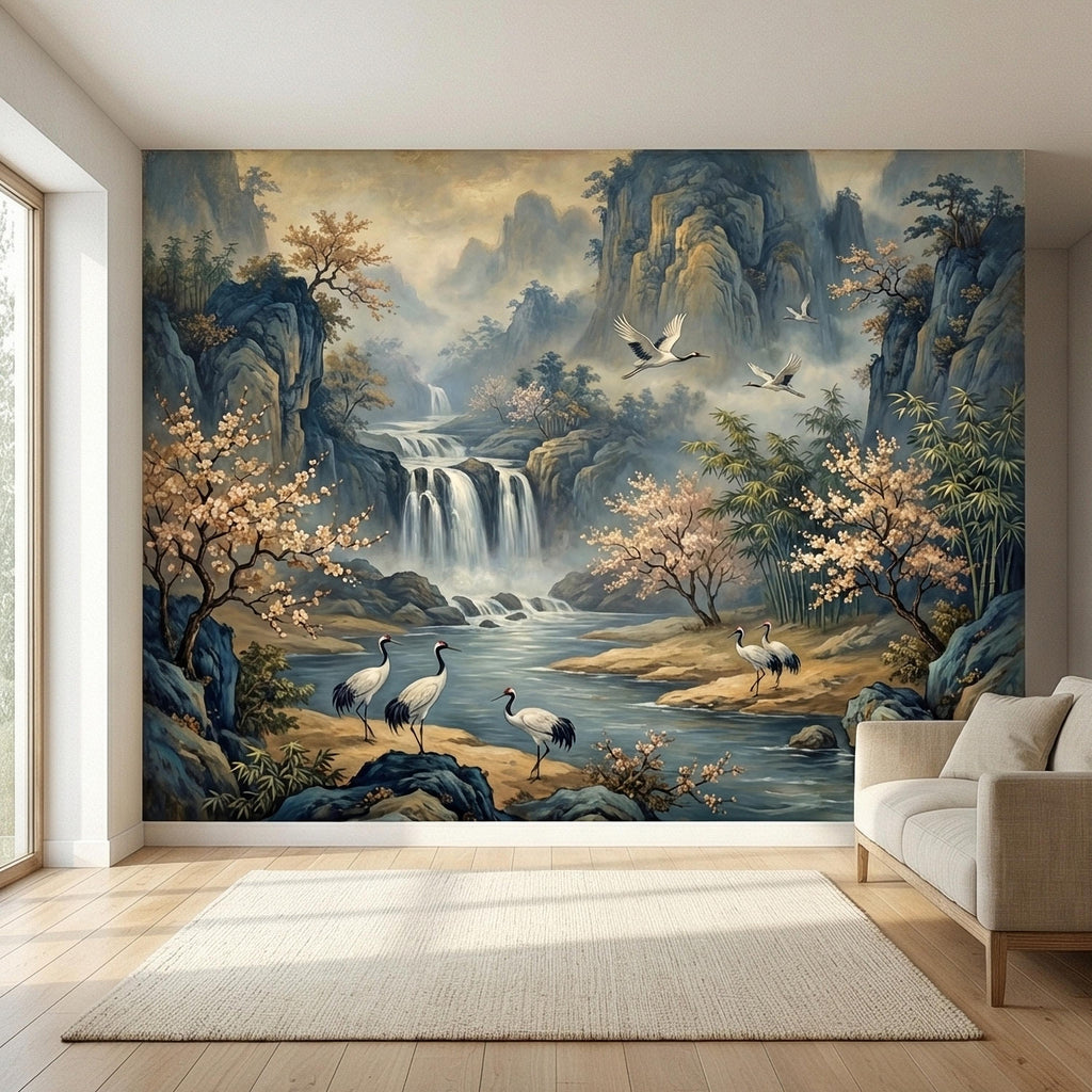 Asian Waterfall Landscape Peel and Stick Wall Mural, Cherry Blossom Cranes Bamboo Mountains, Serene Mist River Chinoiserie Scenic Wallpaper
