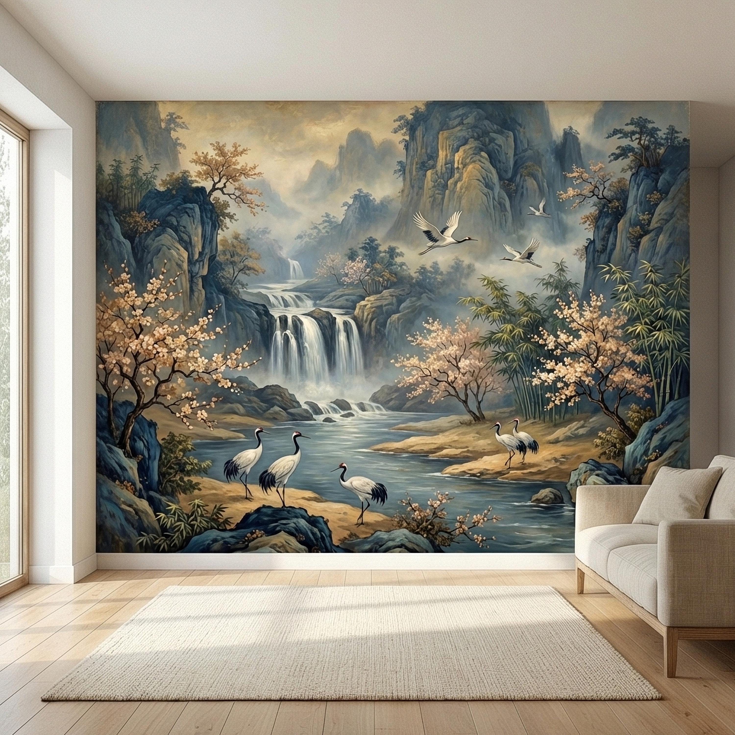 Asian Waterfall Landscape Peel and Stick Wall Mural, Cherry Blossom Cranes Bamboo Mountains, Serene Mist River Chinoiserie Scenic Wallpaper