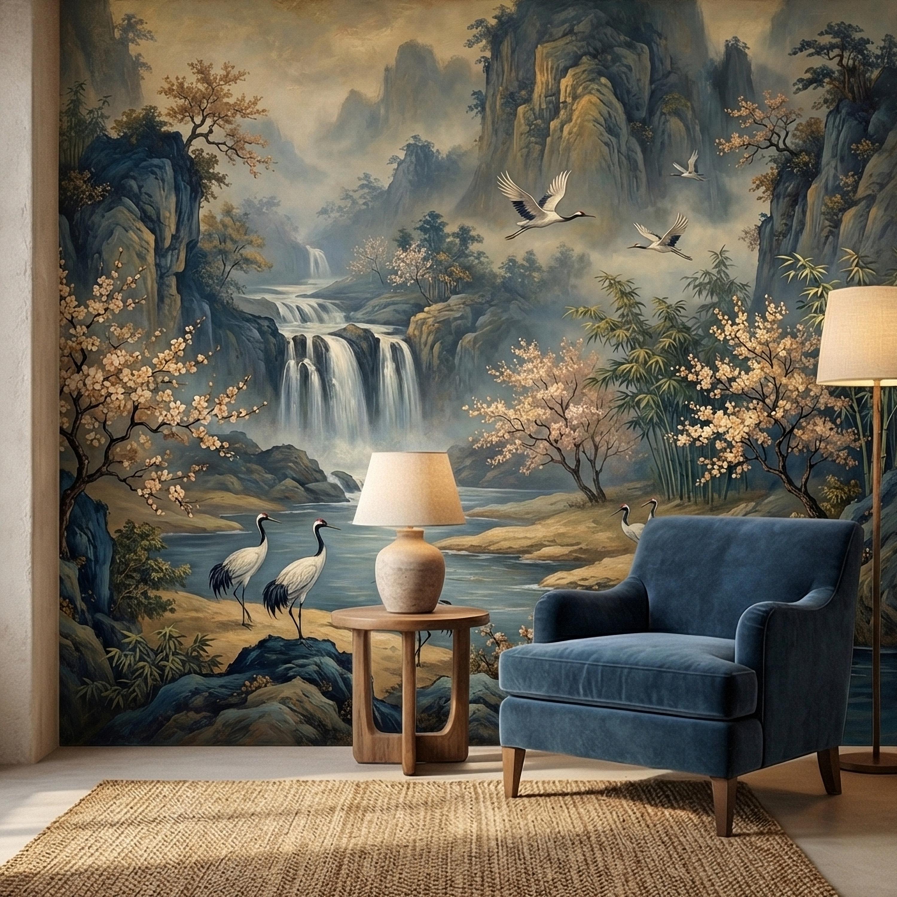 Asian Waterfall Landscape Peel and Stick Wall Mural, Cherry Blossom Cranes Bamboo Mountains, Serene Mist River Chinoiserie Scenic Wallpaper