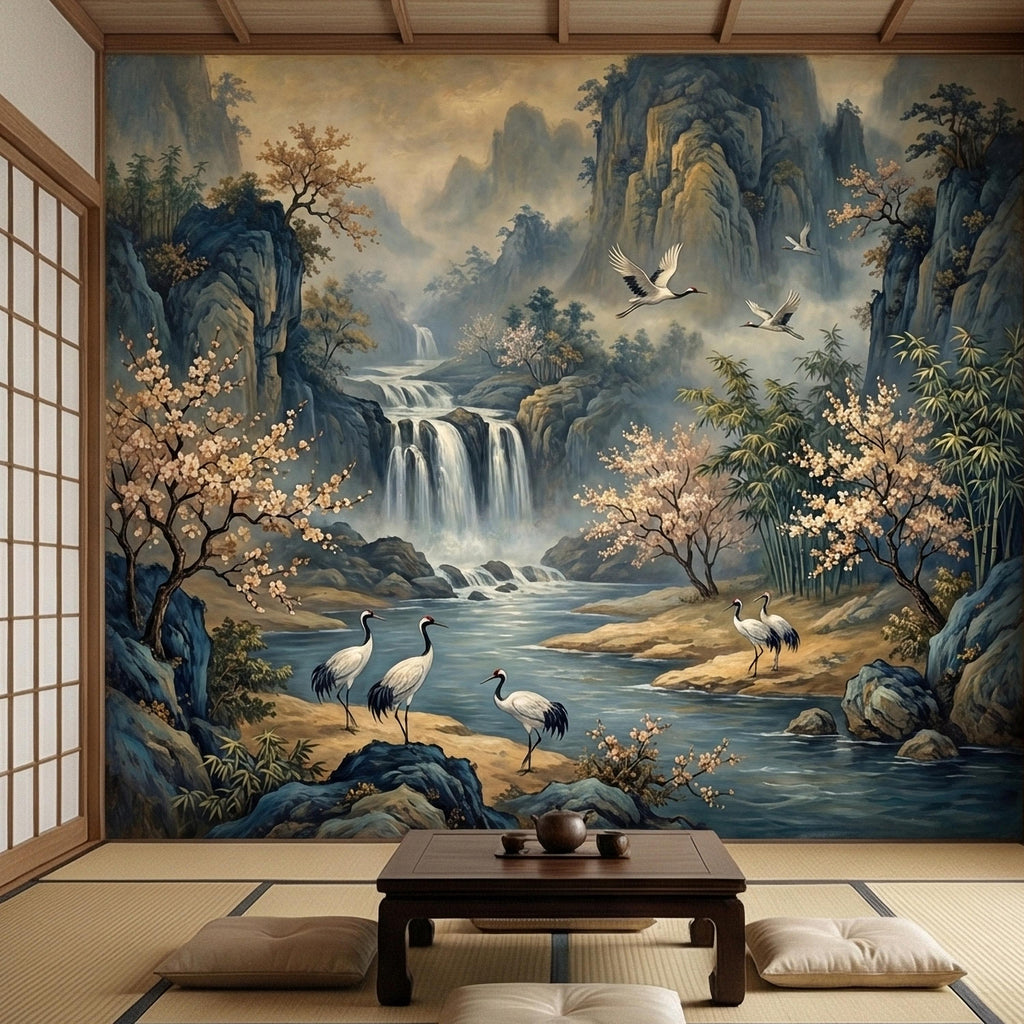 Asian Waterfall Landscape Peel and Stick Wall Mural, Cherry Blossom Cranes Bamboo Mountains, Serene Mist River Chinoiserie Scenic Wallpaper