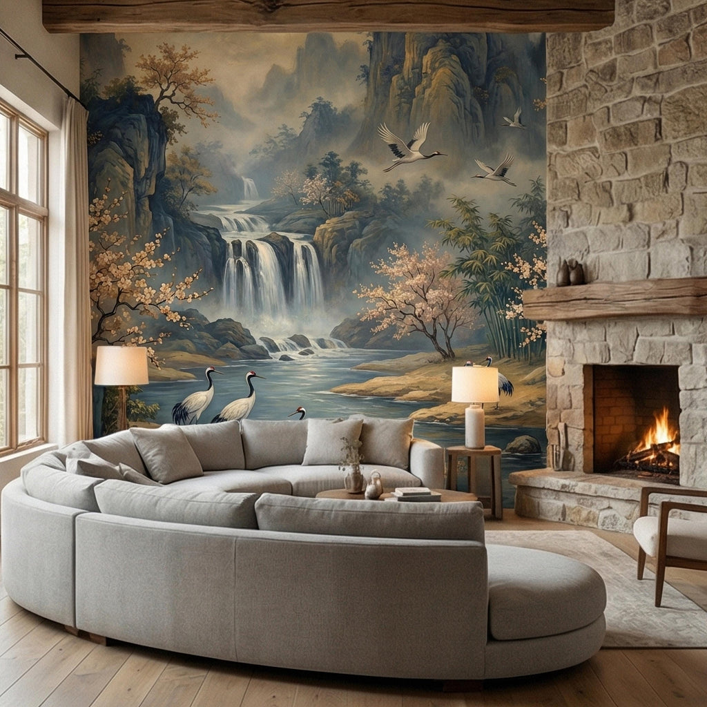 Asian Waterfall Landscape Peel and Stick Wall Mural, Cherry Blossom Cranes Bamboo Mountains, Serene Mist River Chinoiserie Scenic Wallpaper