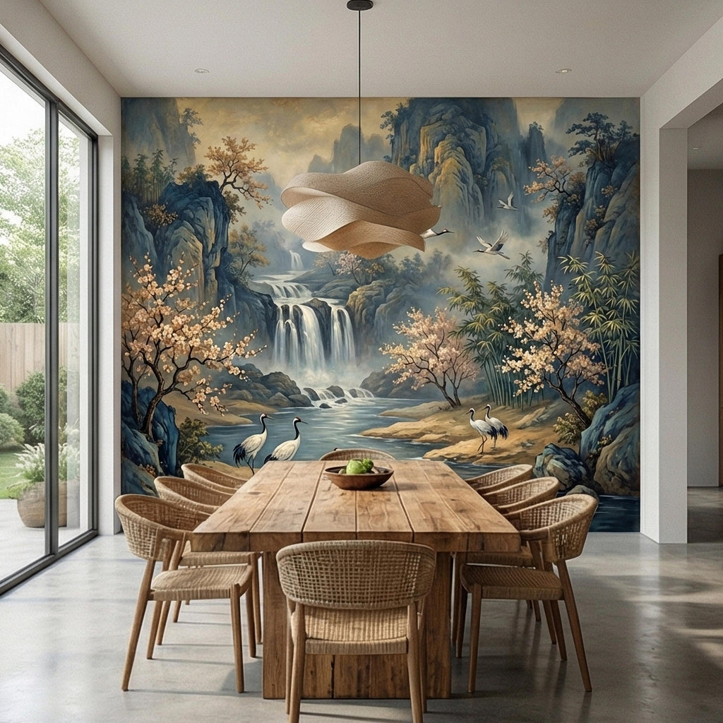 Asian Waterfall Landscape Peel and Stick Wall Mural, Cherry Blossom Cranes Bamboo Mountains, Serene Mist River Chinoiserie Scenic Wallpaper