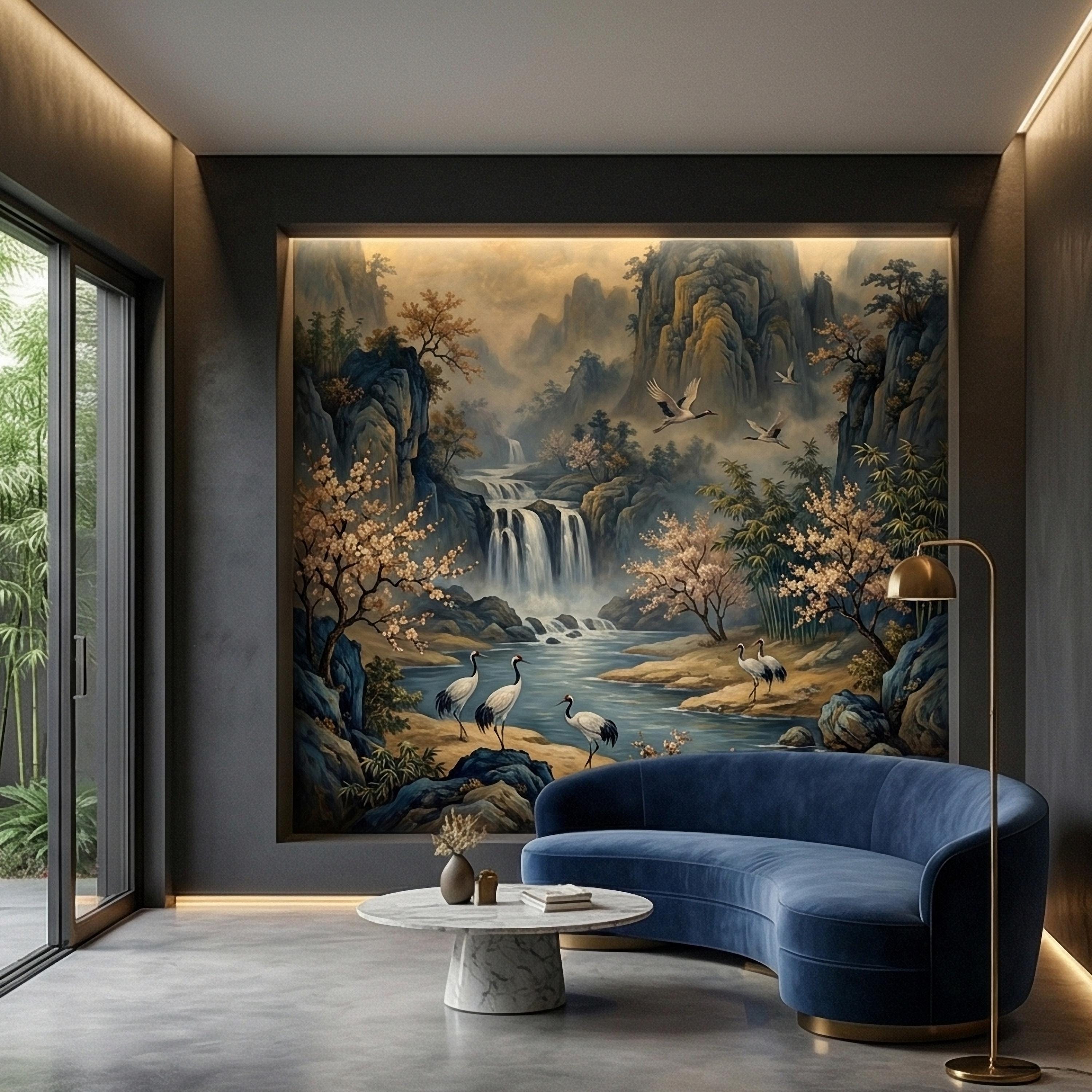 Asian Waterfall Landscape Peel and Stick Wall Mural, Cherry Blossom Cranes Bamboo Mountains, Serene Mist River Chinoiserie Scenic Wallpaper