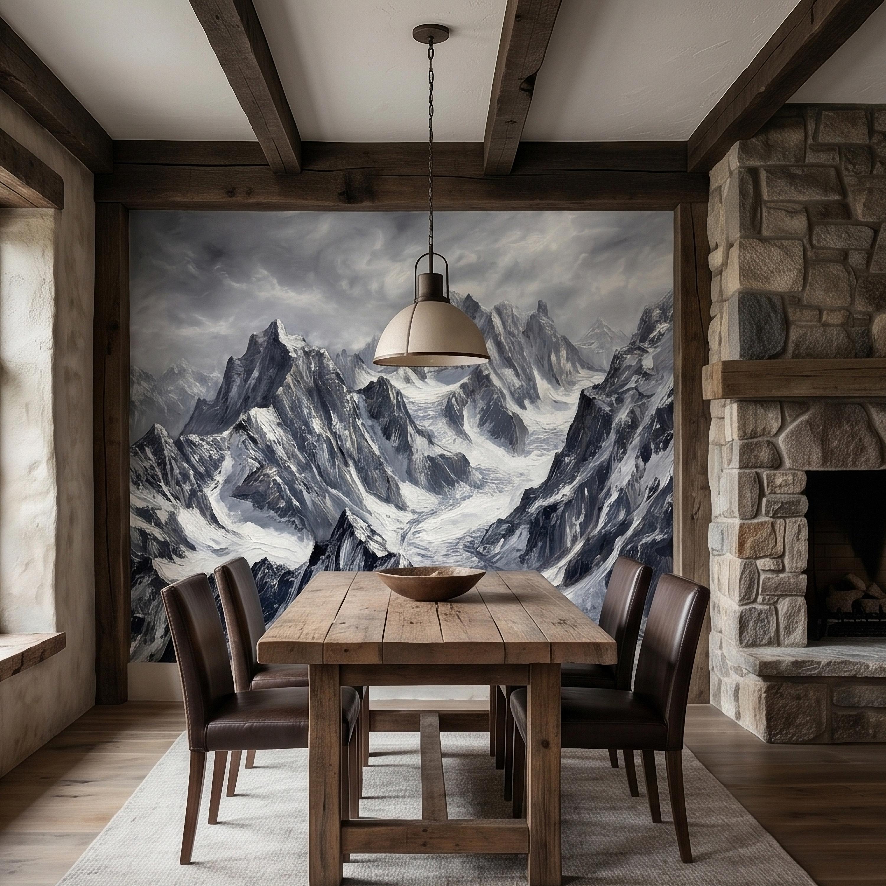 Snowy Mountain Peaks Peel and Stick Wall Mural, Black and White Moody Winter Alpine Landscape Oil Painting, Dramatic Glacier Range Wallpaper