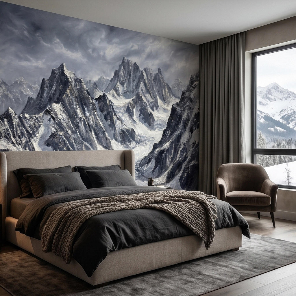 Snowy Mountain Peaks Peel and Stick Wall Mural, Black and White Moody Winter Alpine Landscape Oil Painting, Dramatic Glacier Range Wallpaper