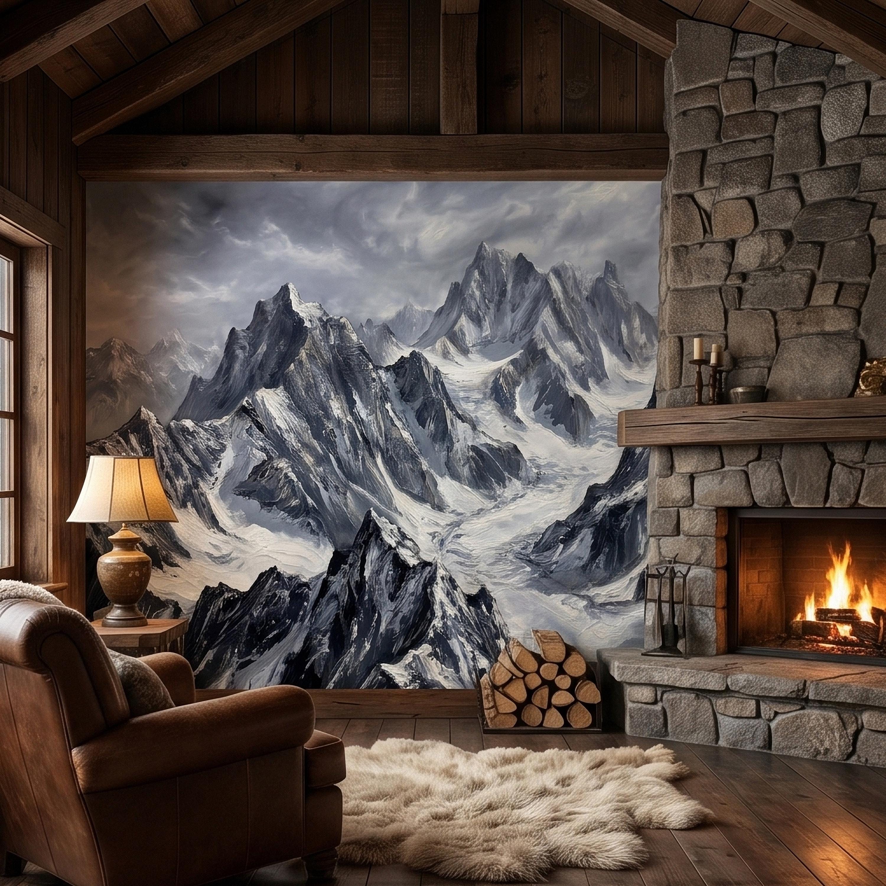 Snowy Mountain Peaks Peel and Stick Wall Mural, Black and White Moody Winter Alpine Landscape Oil Painting, Dramatic Glacier Range Wallpaper