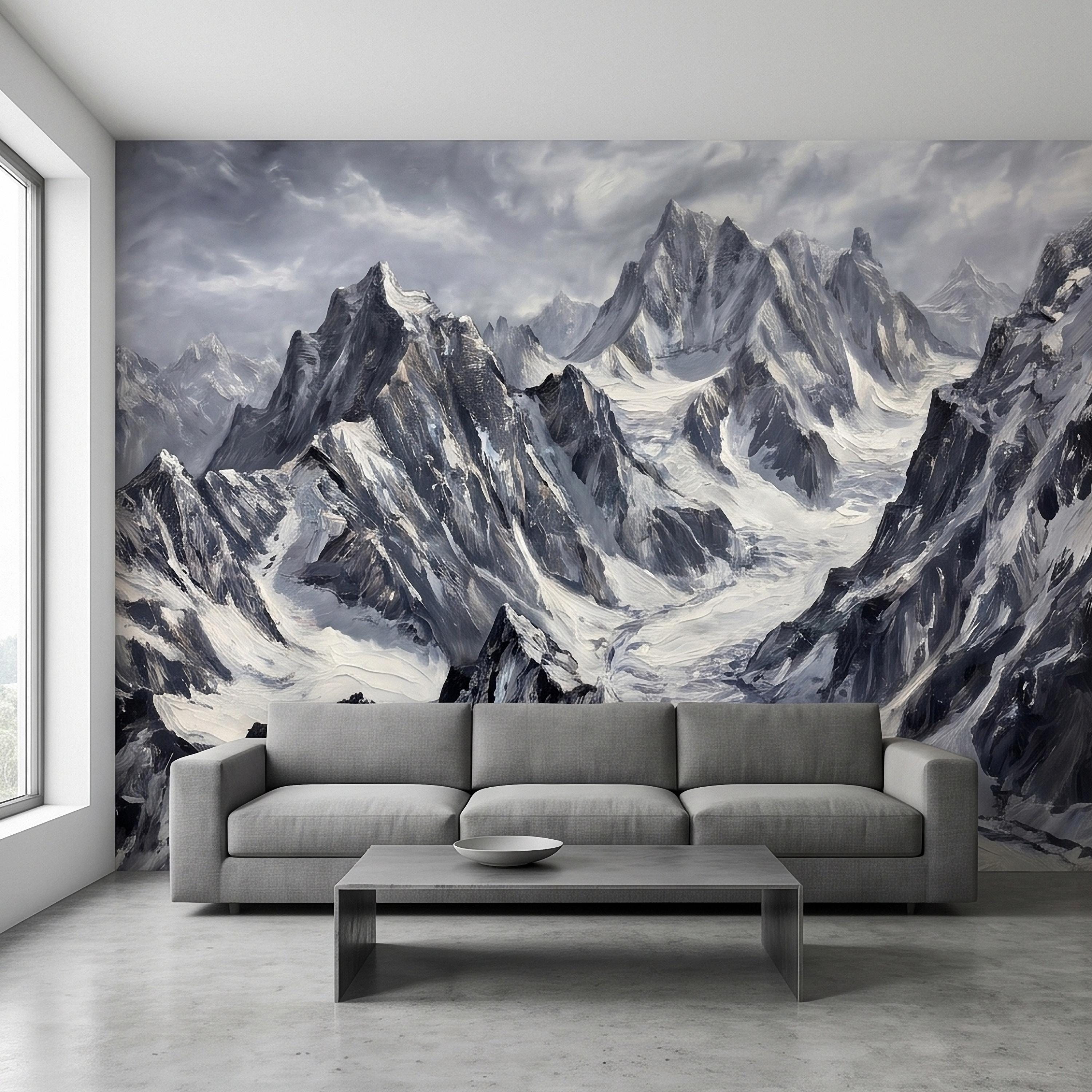 Snowy Mountain Peaks Peel and Stick Wall Mural, Black and White Moody Winter Alpine Landscape Oil Painting, Dramatic Glacier Range Wallpaper