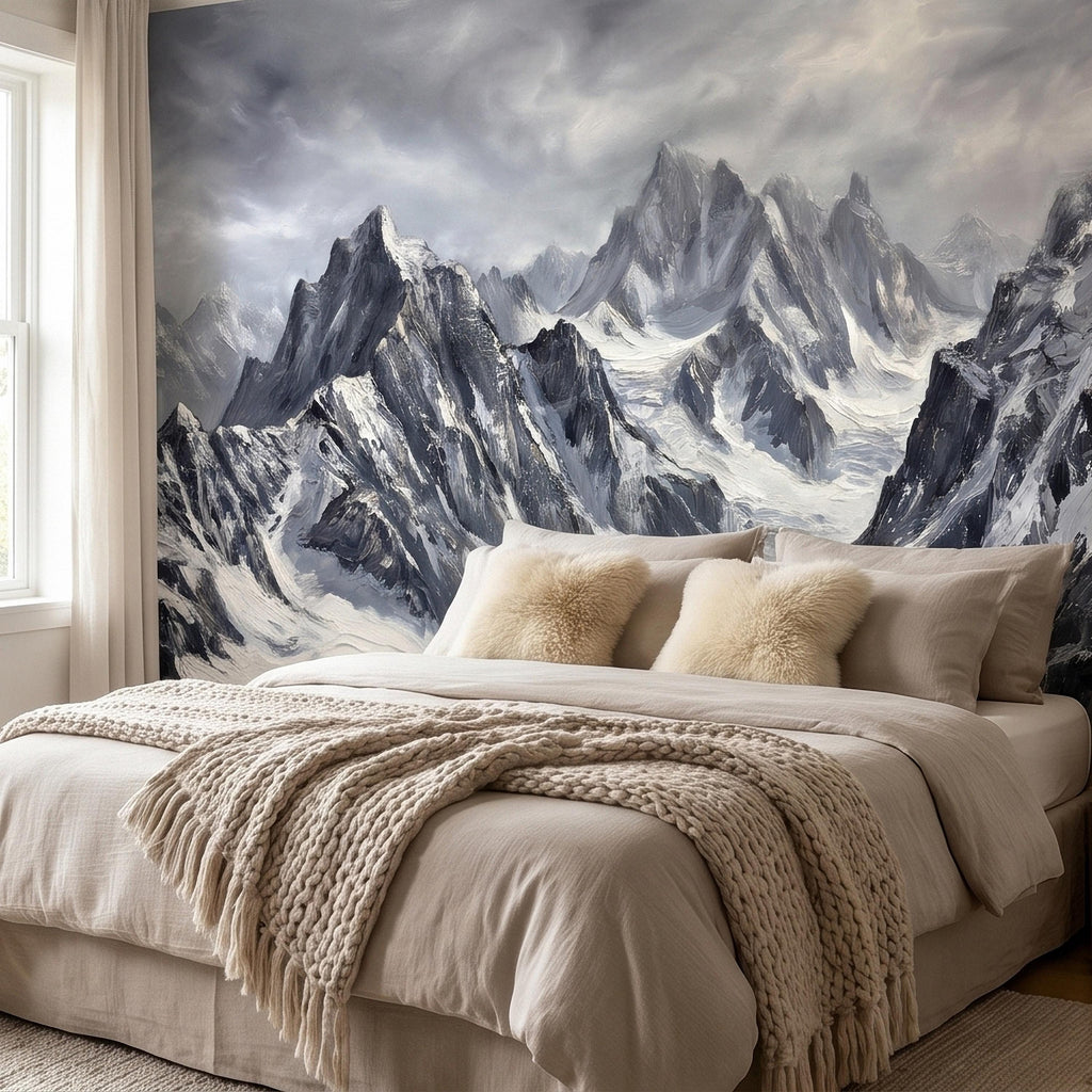 Snowy Mountain Peaks Peel and Stick Wall Mural, Black and White Moody Winter Alpine Landscape Oil Painting, Dramatic Glacier Range Wallpaper