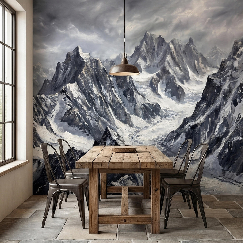 Snowy Mountain Peaks Peel and Stick Wall Mural, Black and White Moody Winter Alpine Landscape Oil Painting, Dramatic Glacier Range Wallpaper