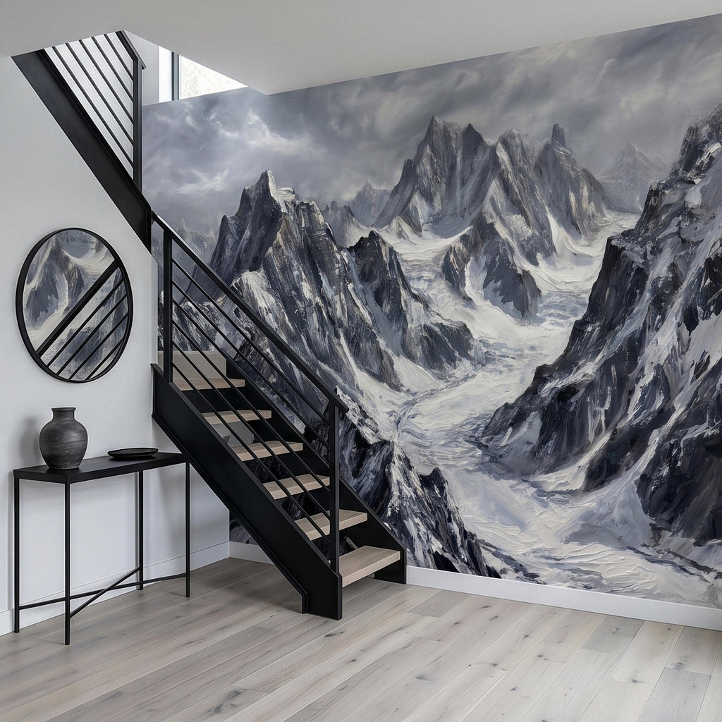 Snowy Mountain Peaks Peel and Stick Wall Mural, Black and White Moody Winter Alpine Landscape Oil Painting, Dramatic Glacier Range Wallpaper