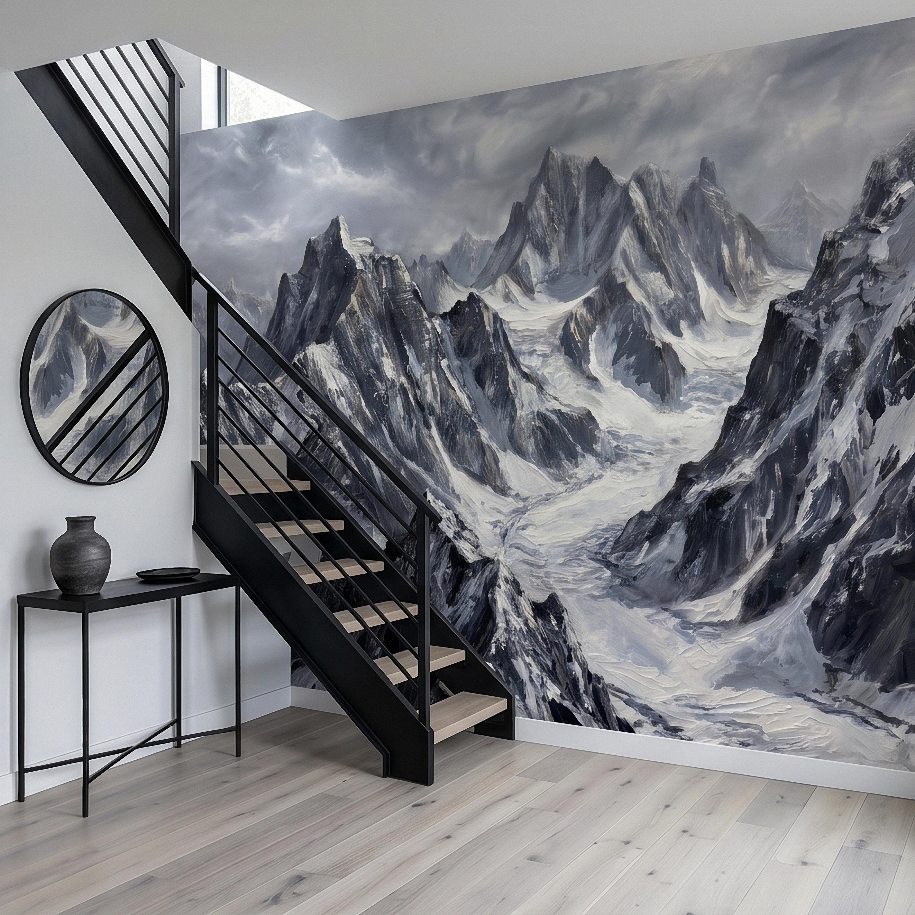 Snowy Mountain Peaks Peel and Stick Wall Mural, Black and White Moody Winter Alpine Landscape Oil Painting, Dramatic Glacier Range Wallpaper