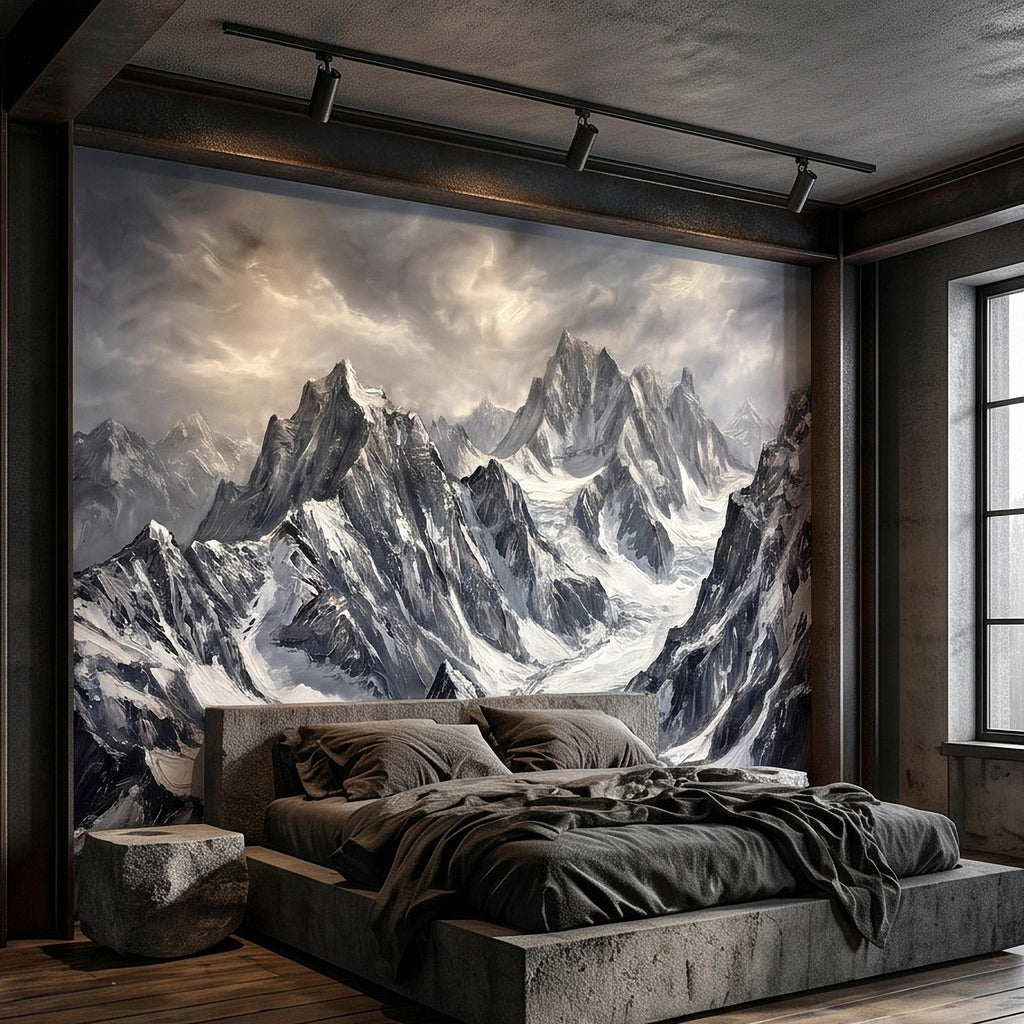 Snowy Mountain Peaks Peel and Stick Wall Mural, Black and White Moody Winter Alpine Landscape Oil Painting, Dramatic Glacier Range Wallpaper