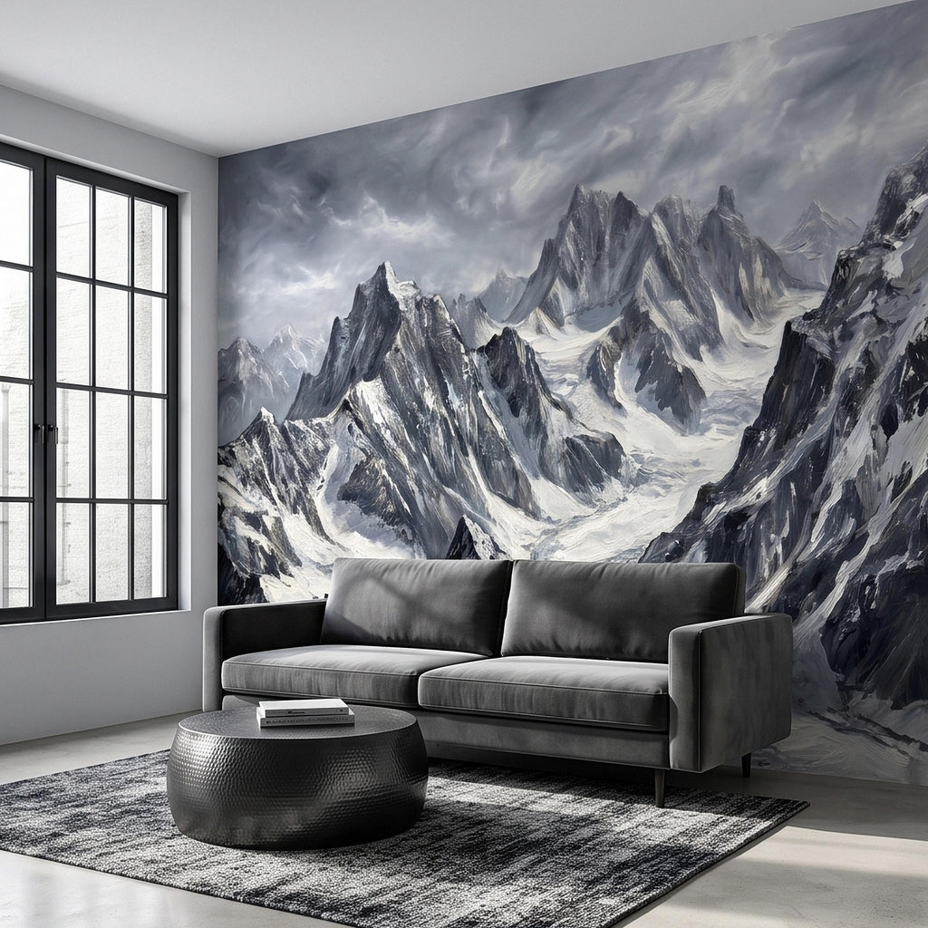 Snowy Mountain Peaks Peel and Stick Wall Mural, Black and White Moody Winter Alpine Landscape Oil Painting, Dramatic Glacier Range Wallpaper