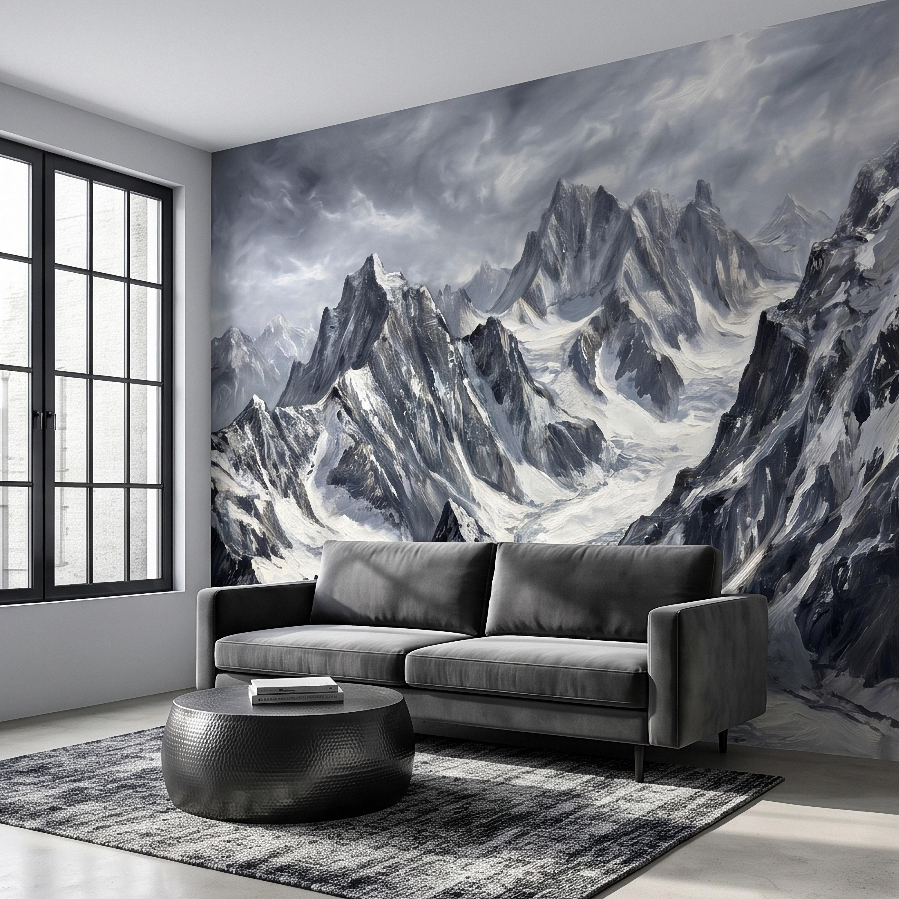 Snowy Mountain Peaks Peel and Stick Wall Mural, Black and White Moody Winter Alpine Landscape Oil Painting, Dramatic Glacier Range Wallpaper
