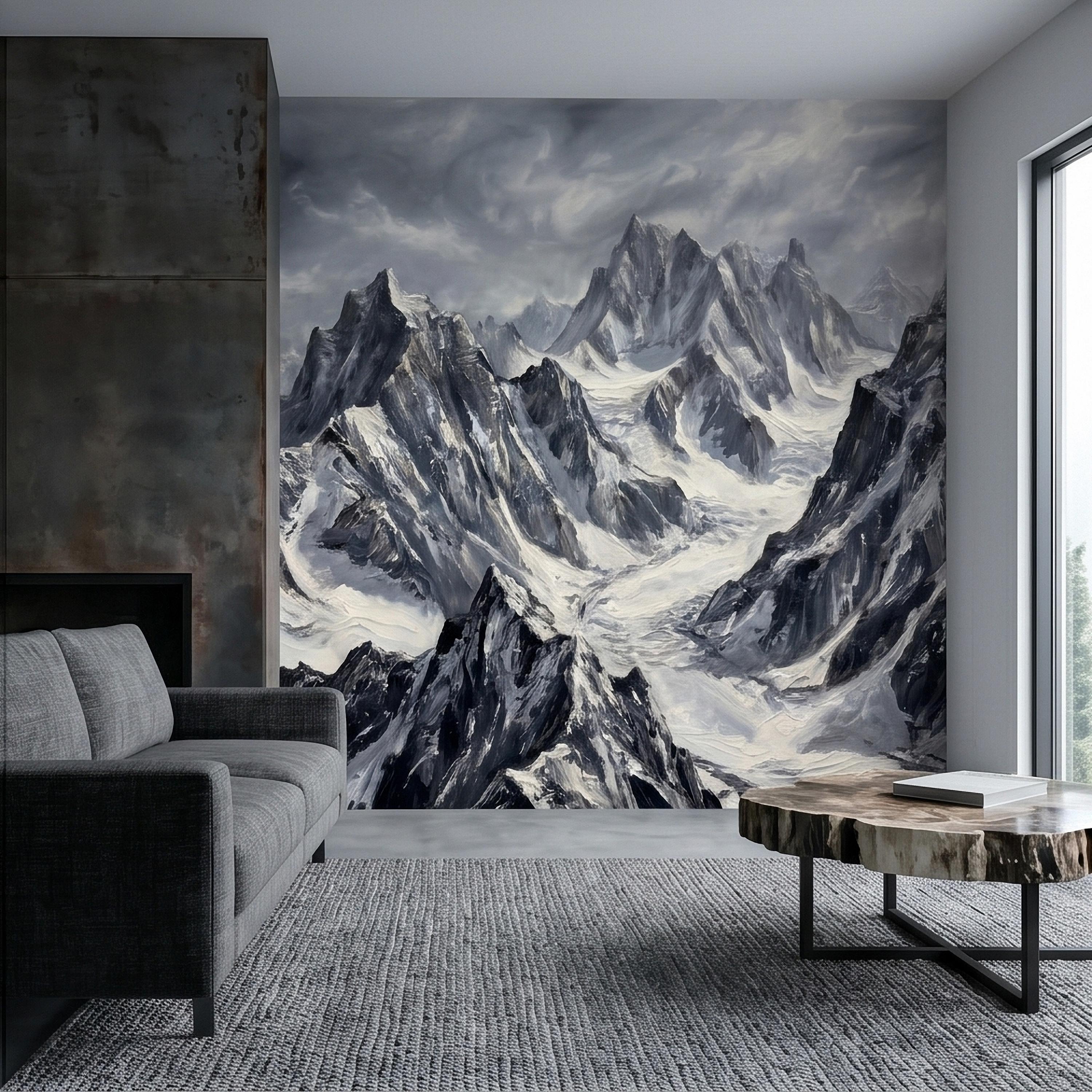Snowy Mountain Peaks Peel and Stick Wall Mural, Black and White Moody Winter Alpine Landscape Oil Painting, Dramatic Glacier Range Wallpaper