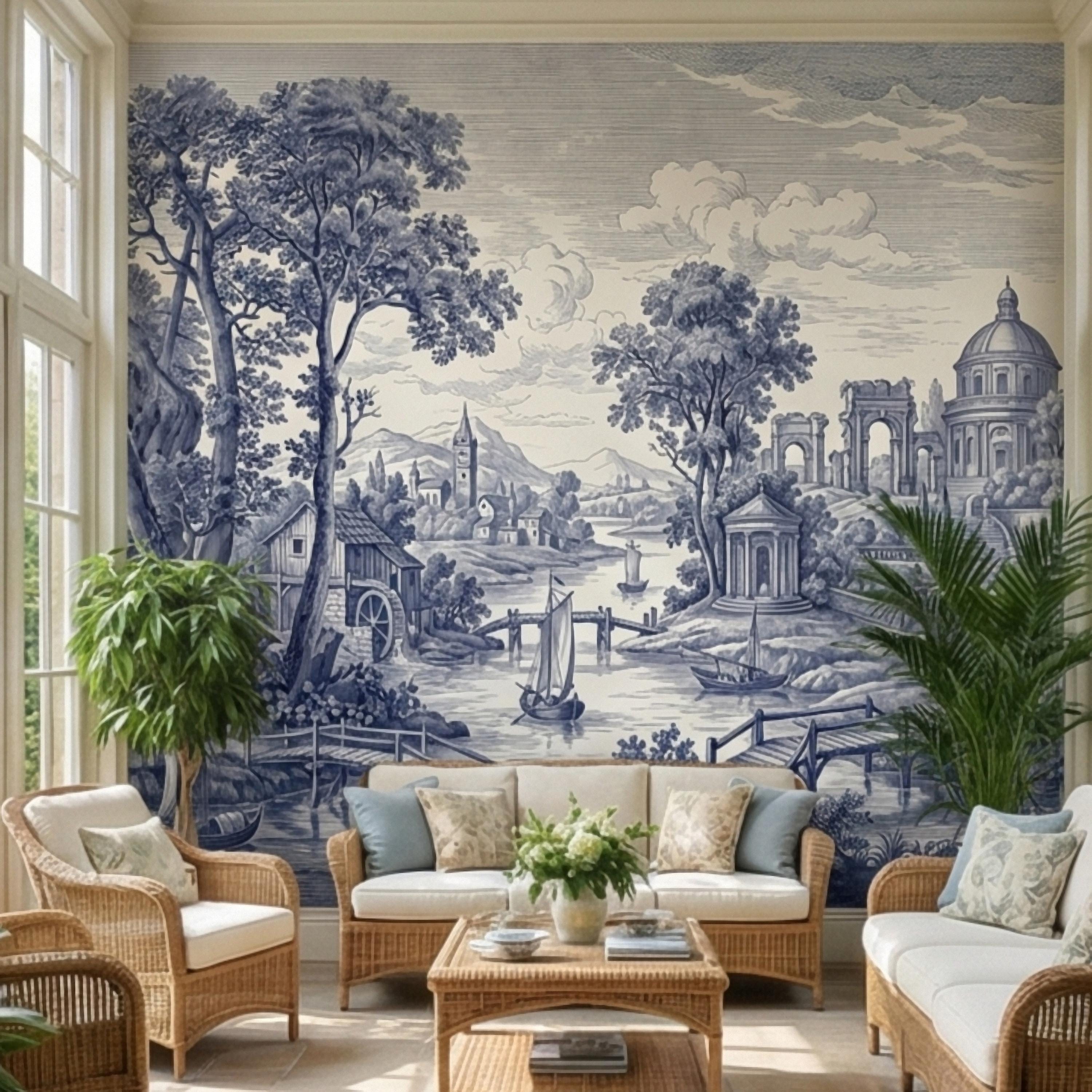 Blue Toile Landscape Peel and Stick Wall Mural, Vintage European River Landscape, Classical Pavilion Bridge and Boats Wallpaper