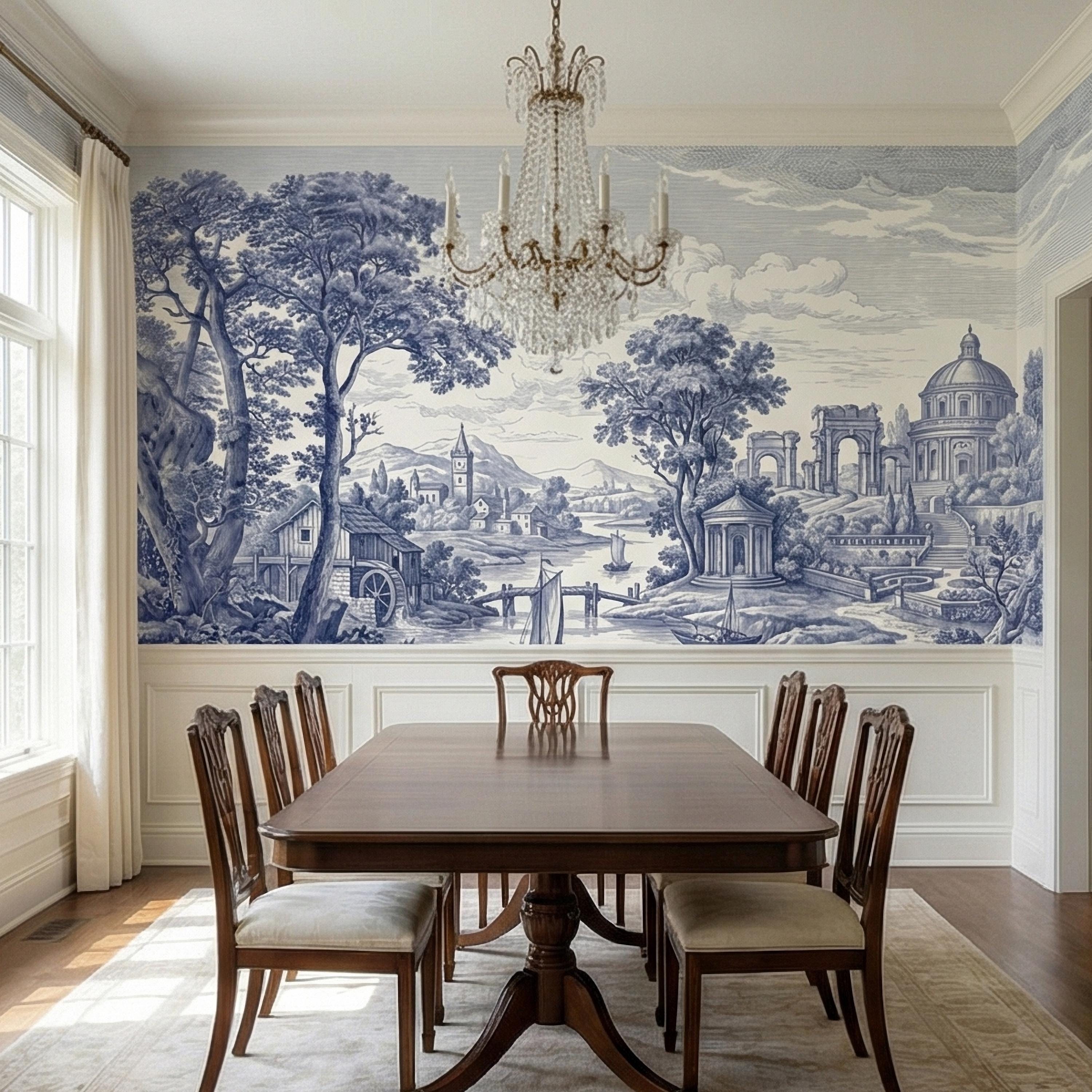 Blue Toile Landscape Peel and Stick Wall Mural, Vintage European River Landscape, Classical Pavilion Bridge and Boats Wallpaper