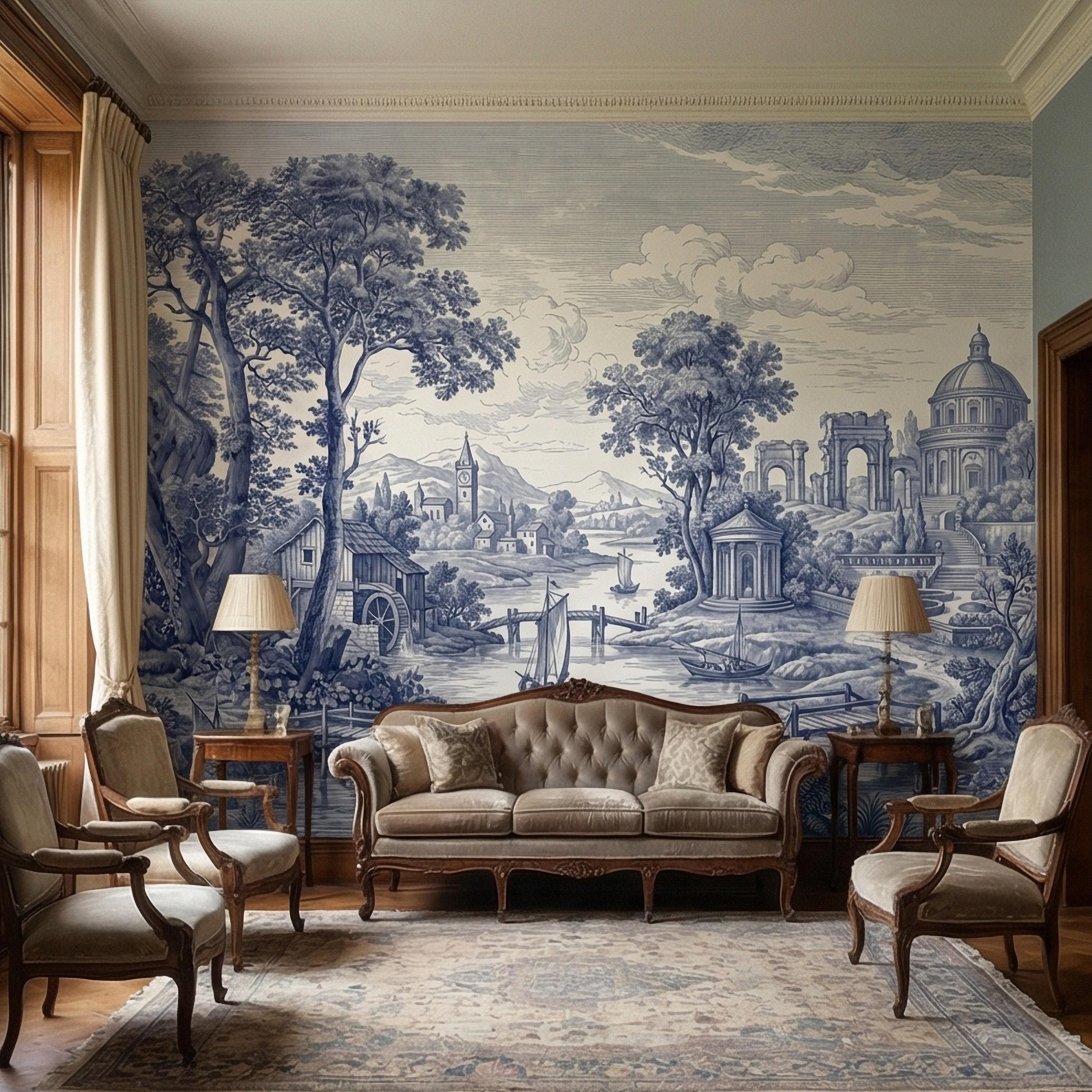 Blue Toile Landscape Peel and Stick Wall Mural, Vintage European River Landscape, Classical Pavilion Bridge and Boats Wallpaper