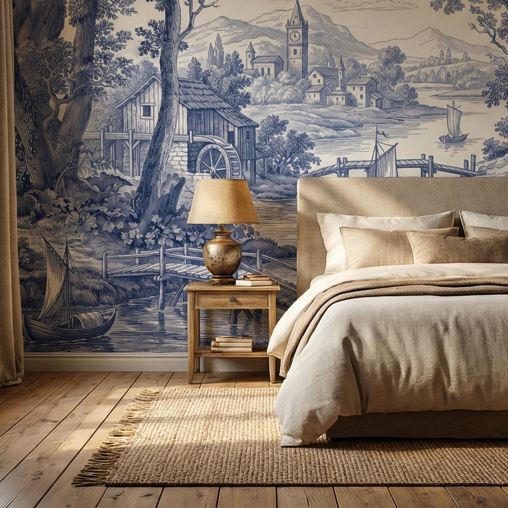 Blue Toile Landscape Peel and Stick Wall Mural, Vintage European River Landscape, Classical Pavilion Bridge and Boats Wallpaper