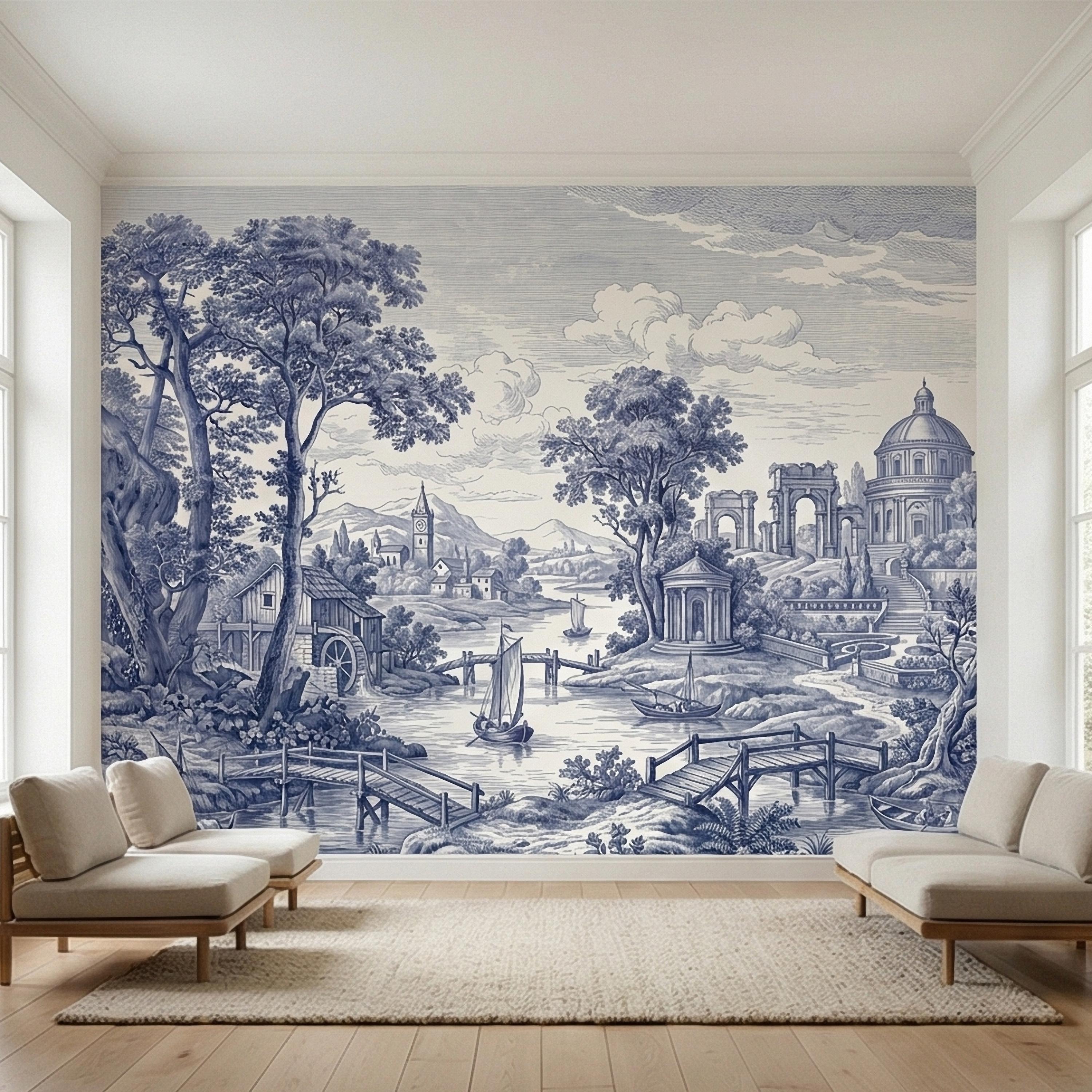 Blue Toile Landscape Peel and Stick Wall Mural, Vintage European River Landscape, Classical Pavilion Bridge and Boats Wallpaper