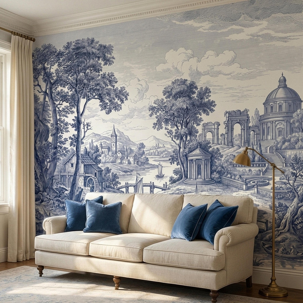 Blue Toile Landscape Peel and Stick Wall Mural, Vintage European River Landscape, Classical Pavilion Bridge and Boats Wallpaper
