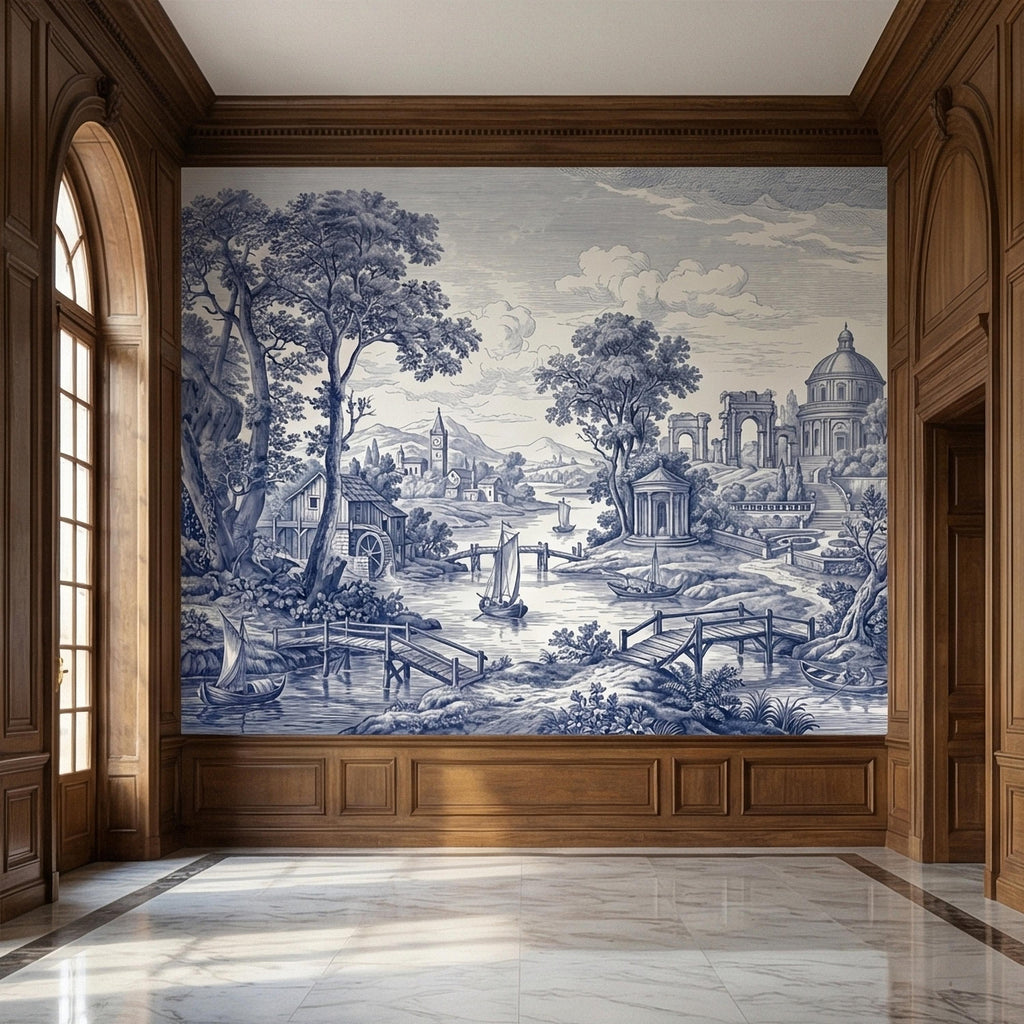 Blue Toile Landscape Peel and Stick Wall Mural, Vintage European River Landscape, Classical Pavilion Bridge and Boats Wallpaper