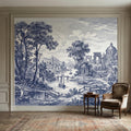 Blue Toile Landscape Peel and Stick Wall Mural, Vintage European River Landscape, Classical Pavilion Bridge and Boats Wallpaper