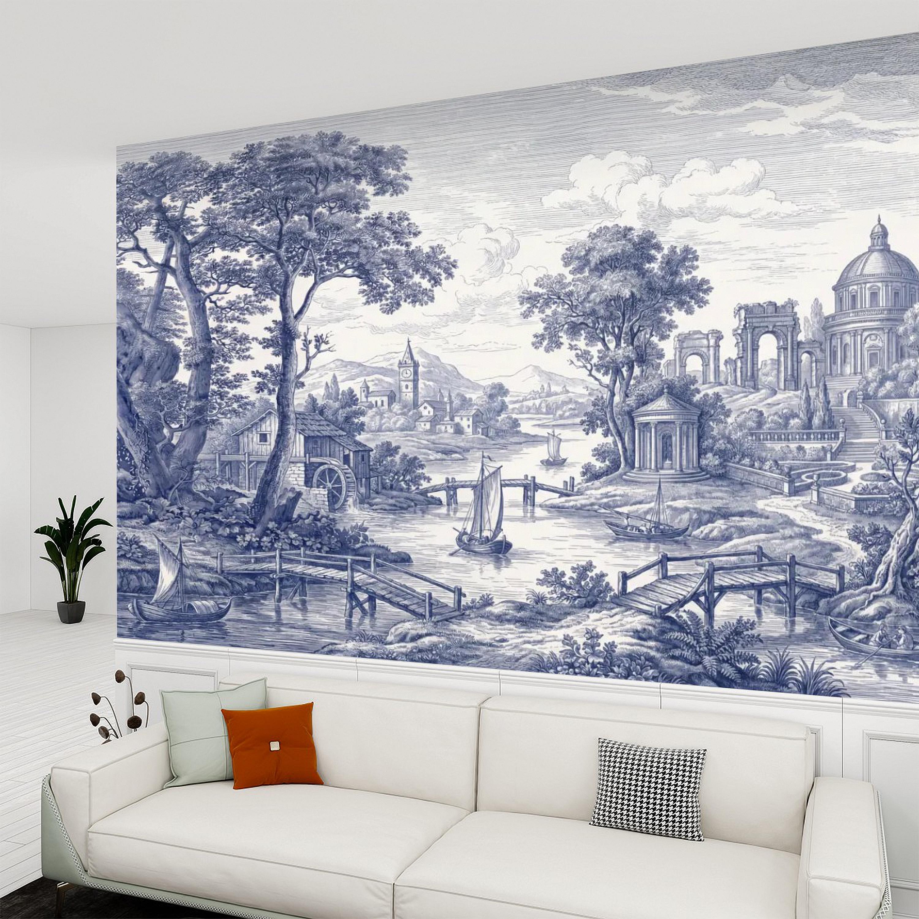 Blue Toile Landscape Peel and Stick Wall Mural, Vintage European River Landscape, Classical Pavilion Bridge and Boats Wallpaper